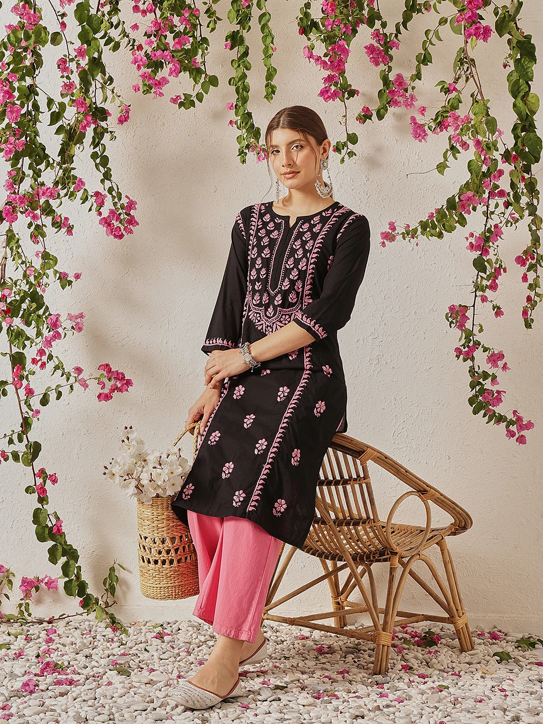 Ada Hand Embroidered Black Cotton Lucknowi Chikankari Straight Kurta A411771