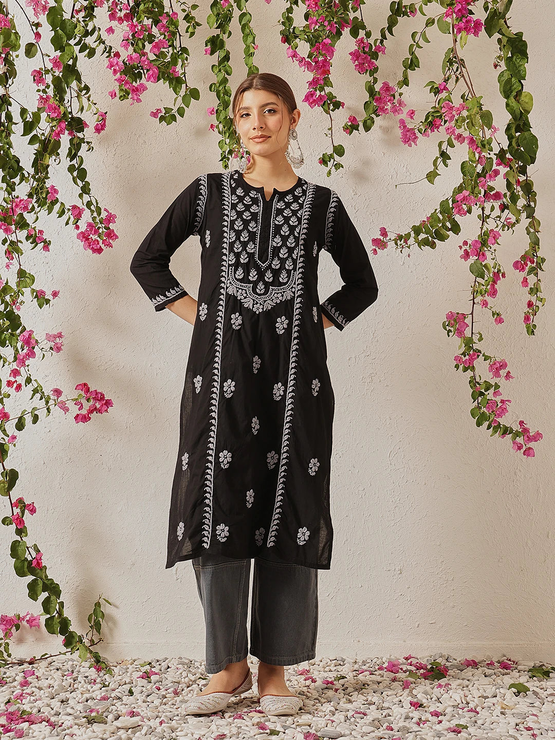 Ada Hand Embroidered Black Cotton Lucknowi Chikankari Straight Kurta A411770
