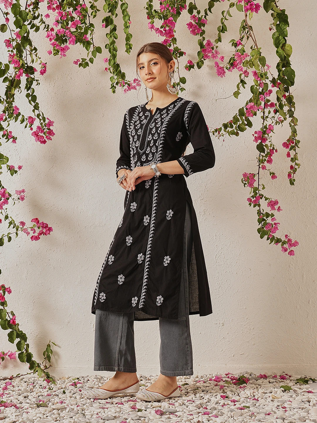 Ada Hand Embroidered Black Cotton Lucknowi Chikankari Straight Kurta A411770
