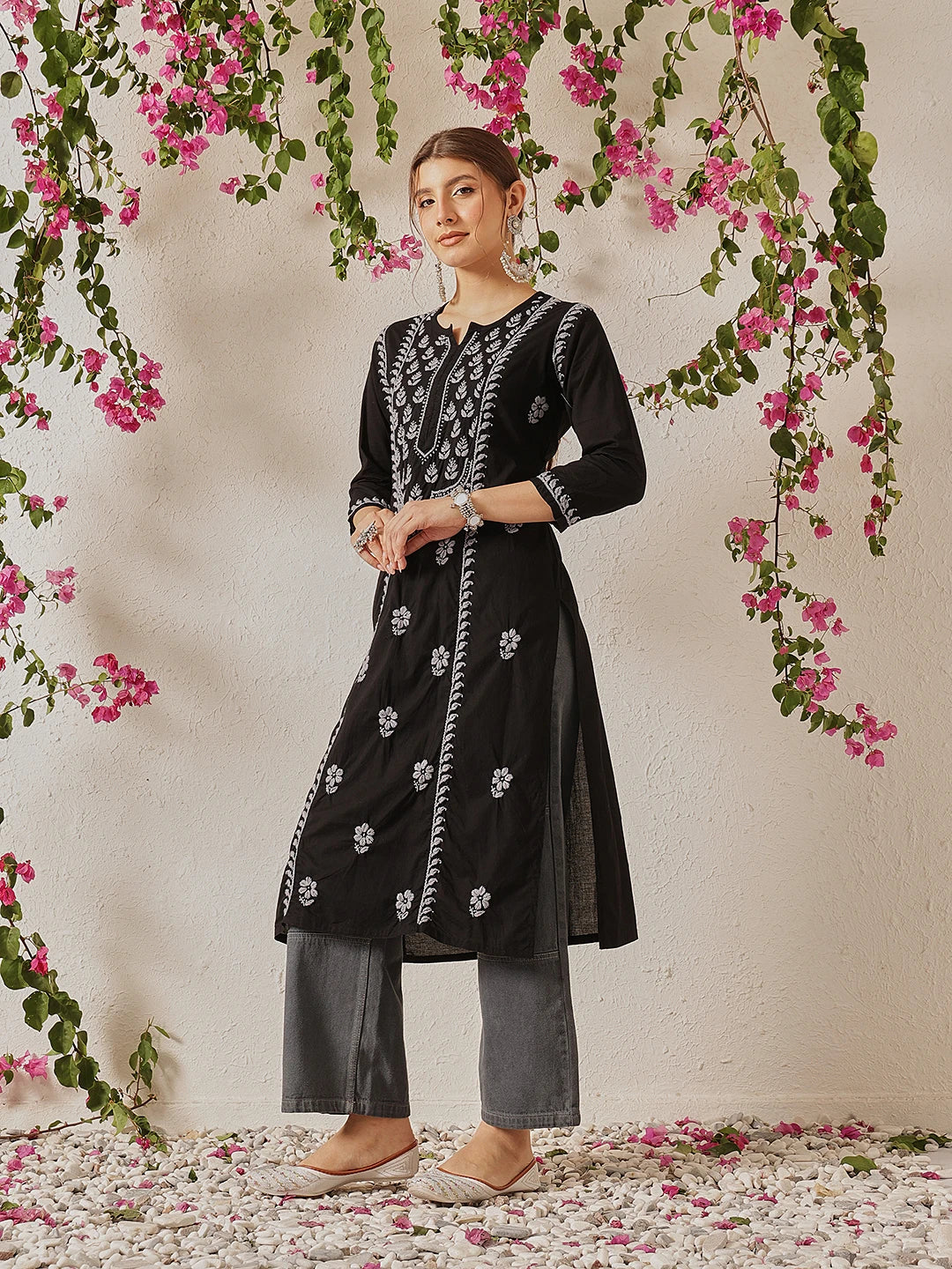 Ada Hand Embroidered Black Cotton Lucknowi Chikankari Straight Kurta A411770