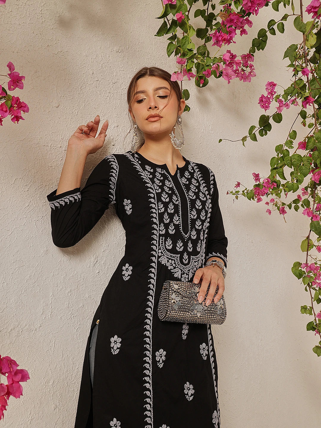 Ada Hand Embroidered Black Cotton Lucknowi Chikankari Straight Kurta A411770