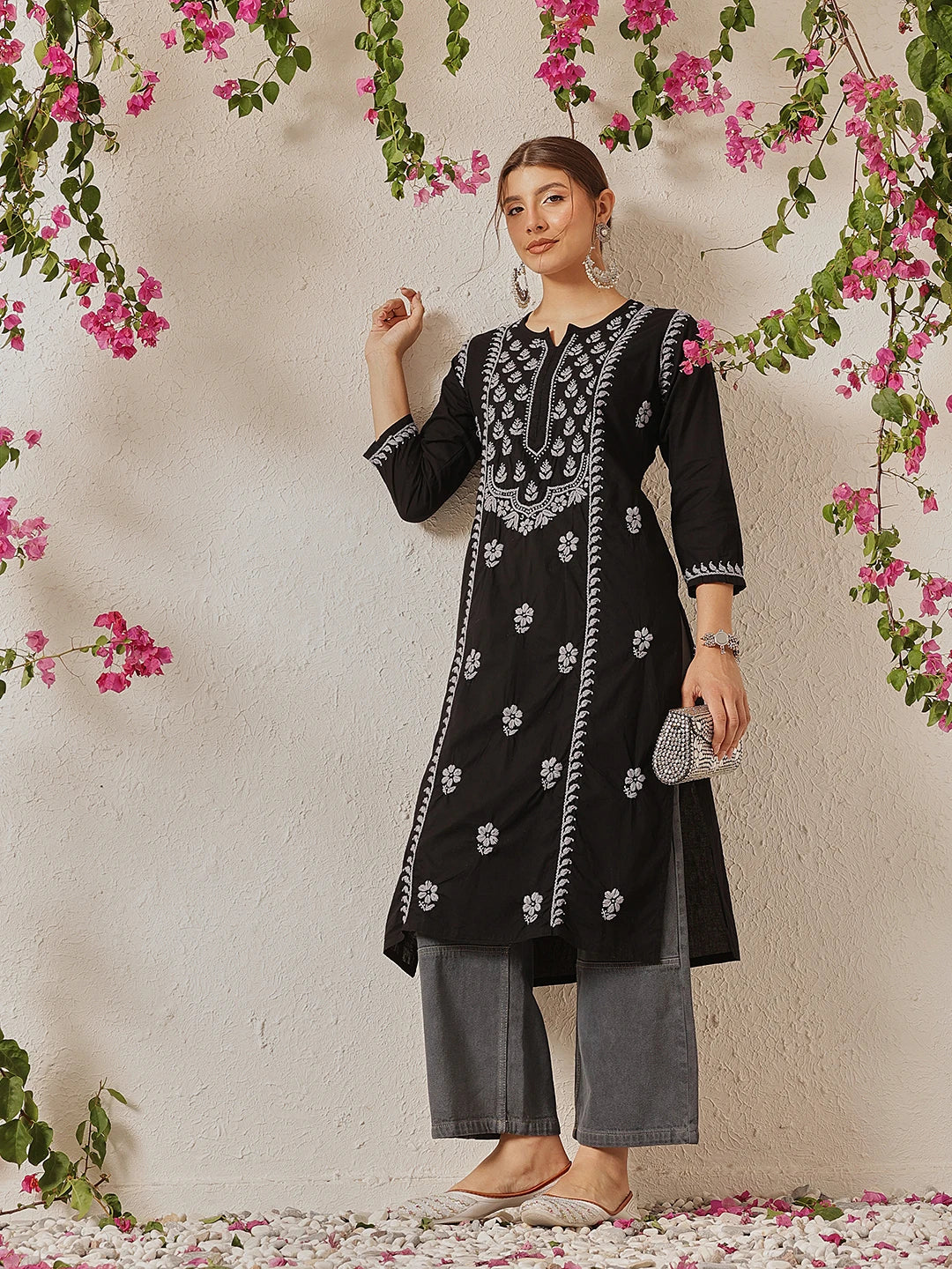 Ada Hand Embroidered Black Cotton Lucknowi Chikankari Straight Kurta A411770
