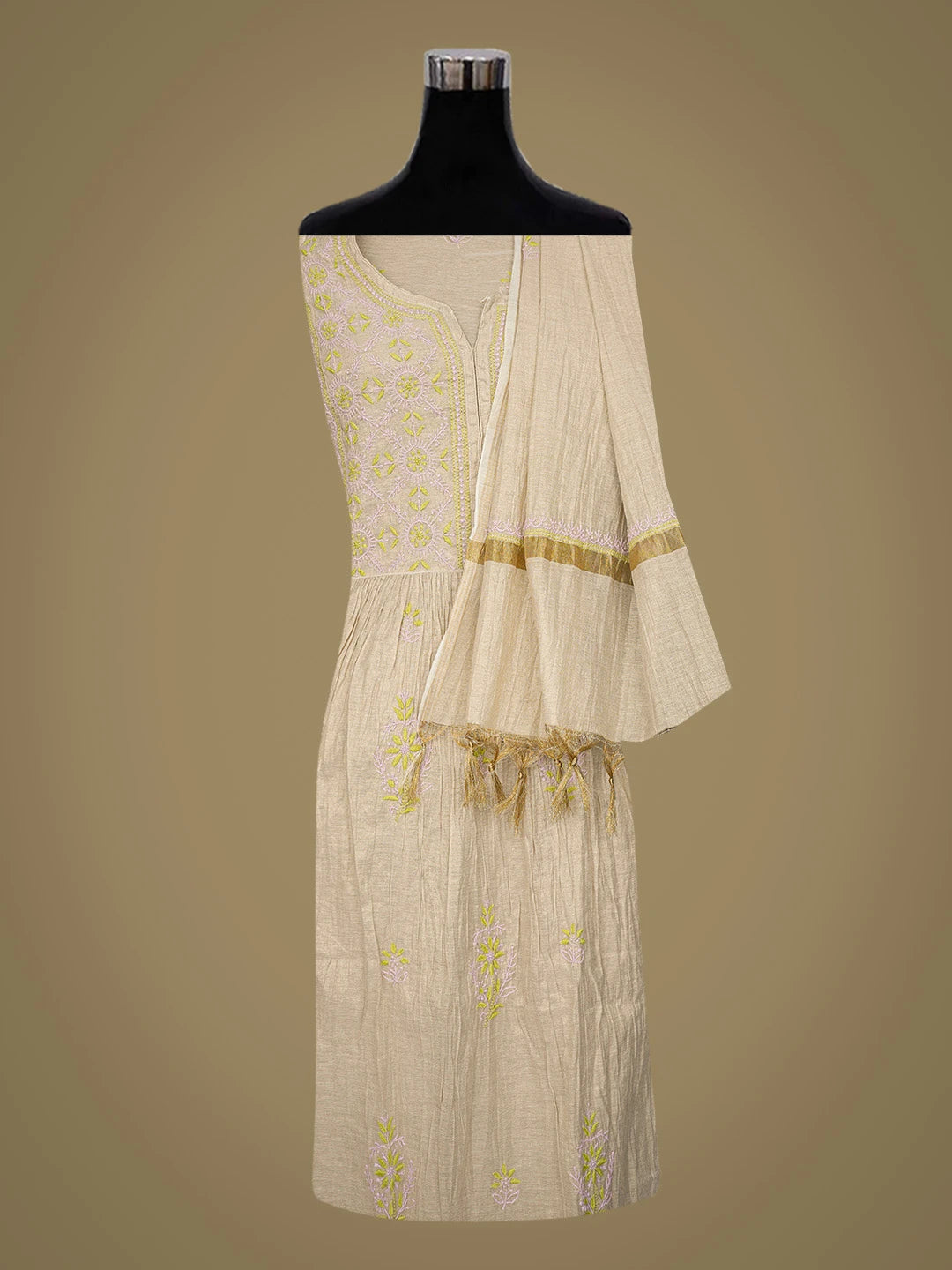 Ada Hand Embroidered Fawn Tissue Lucknowi Chikankari Semi-Stitched Kurta Dupatta Set 01A809534