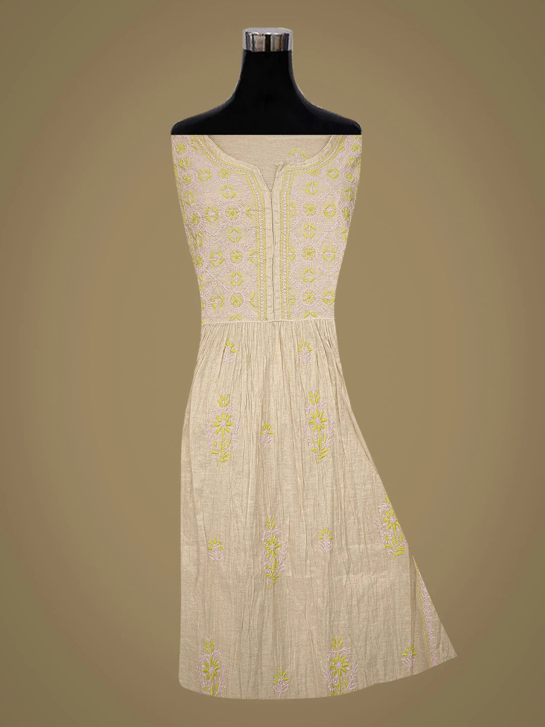 Ada Hand Embroidered Fawn Tissue Lucknowi Chikankari Semi-Stitched Kurta Dupatta Set 01A809534