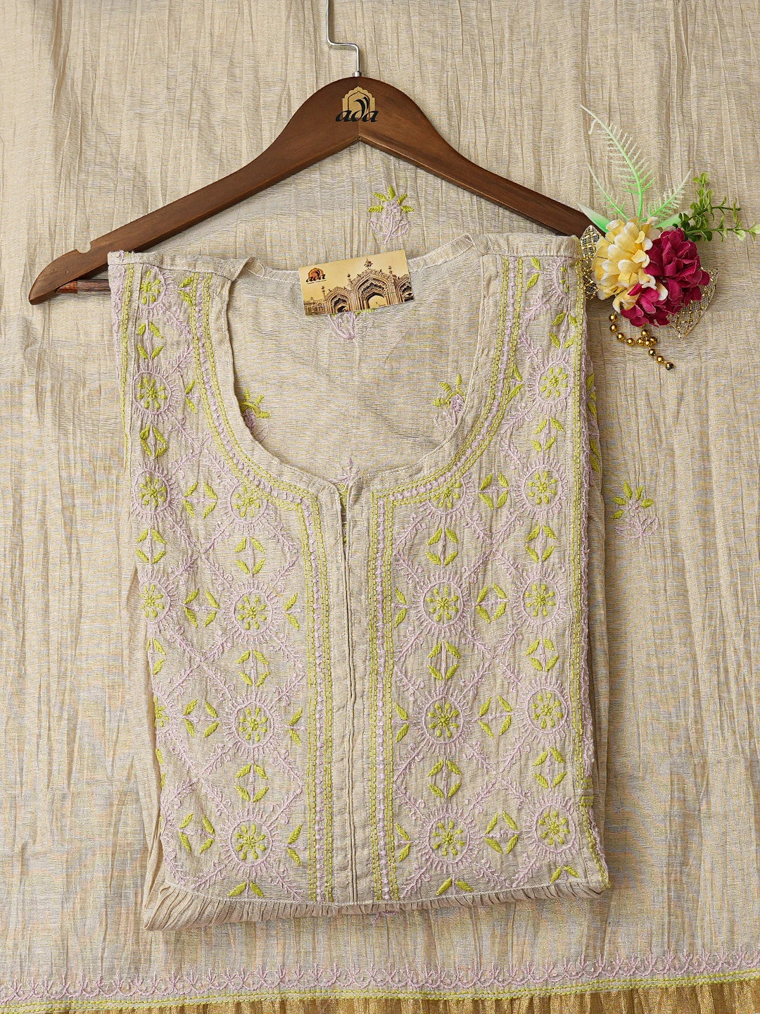 Ada Hand Embroidered Fawn Tissue Lucknowi Chikankari Semi-Stitched Kurta Dupatta Set 01A809534