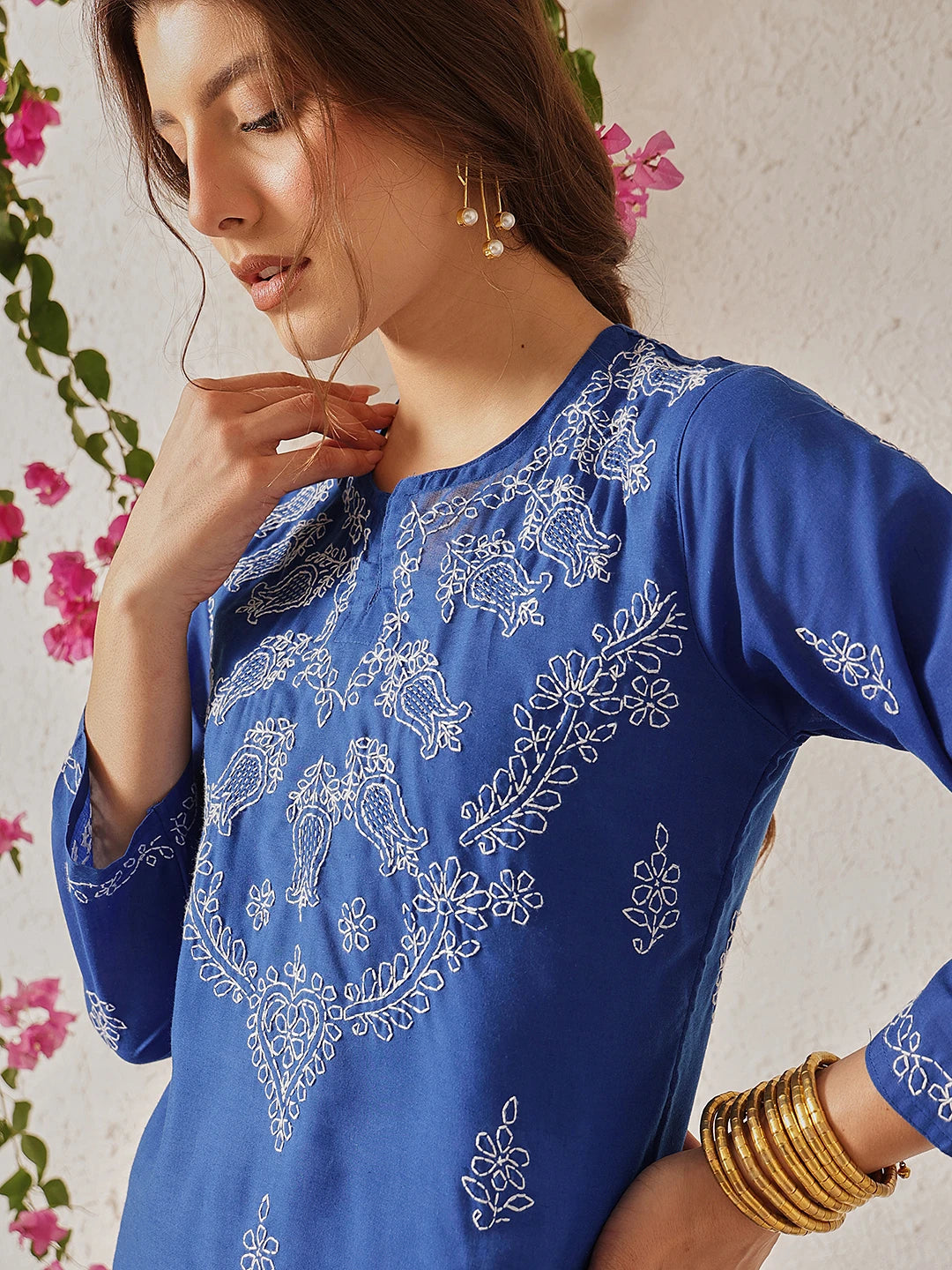 Ada Hand Embroidered Dark Royal Blue Cotton Lucknowi Chikankari Short Kurti A911489