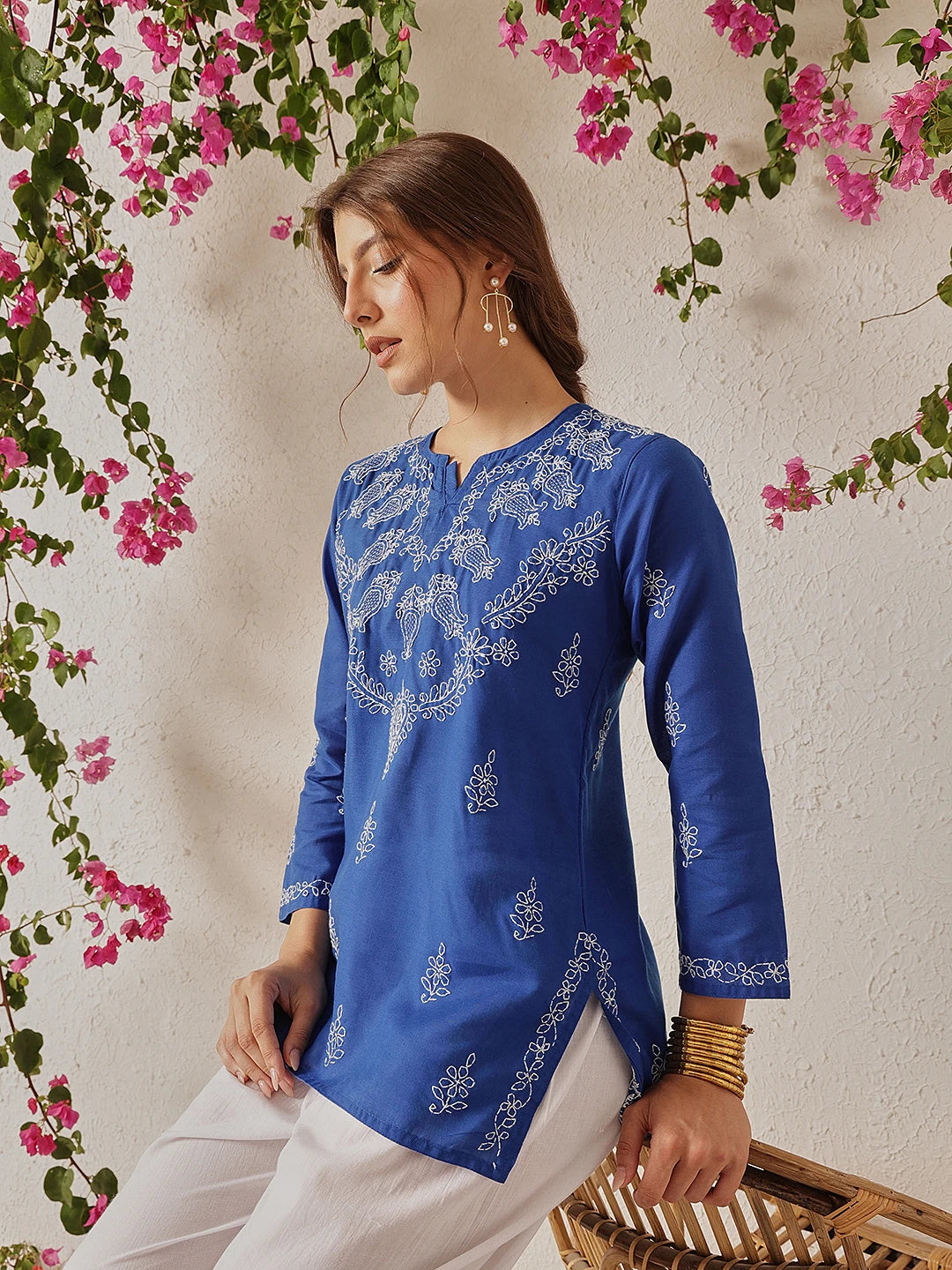 Ada Hand Embroidered Dark Royal Blue Cotton Lucknowi Chikankari Short Kurti A911489