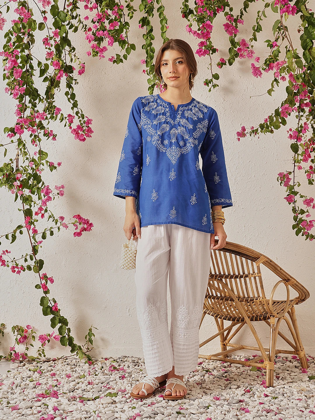 Ada Hand Embroidered Dark Royal Blue Cotton Lucknowi Chikankari Short Kurti A911489