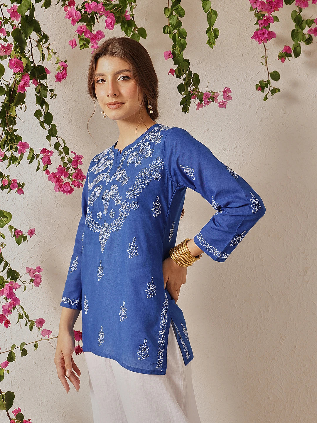Ada Hand Embroidered Dark Royal Blue Cotton Lucknowi Chikankari Short Kurti A911489