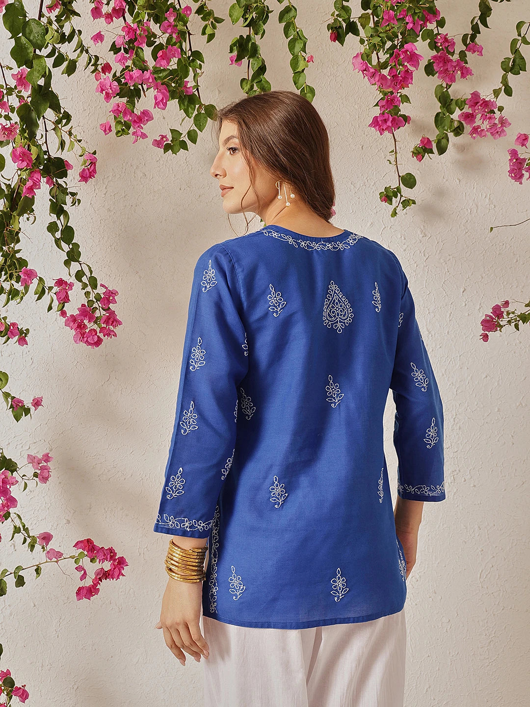 Ada Hand Embroidered Dark Royal Blue Cotton Lucknowi Chikankari Short Kurti A911489