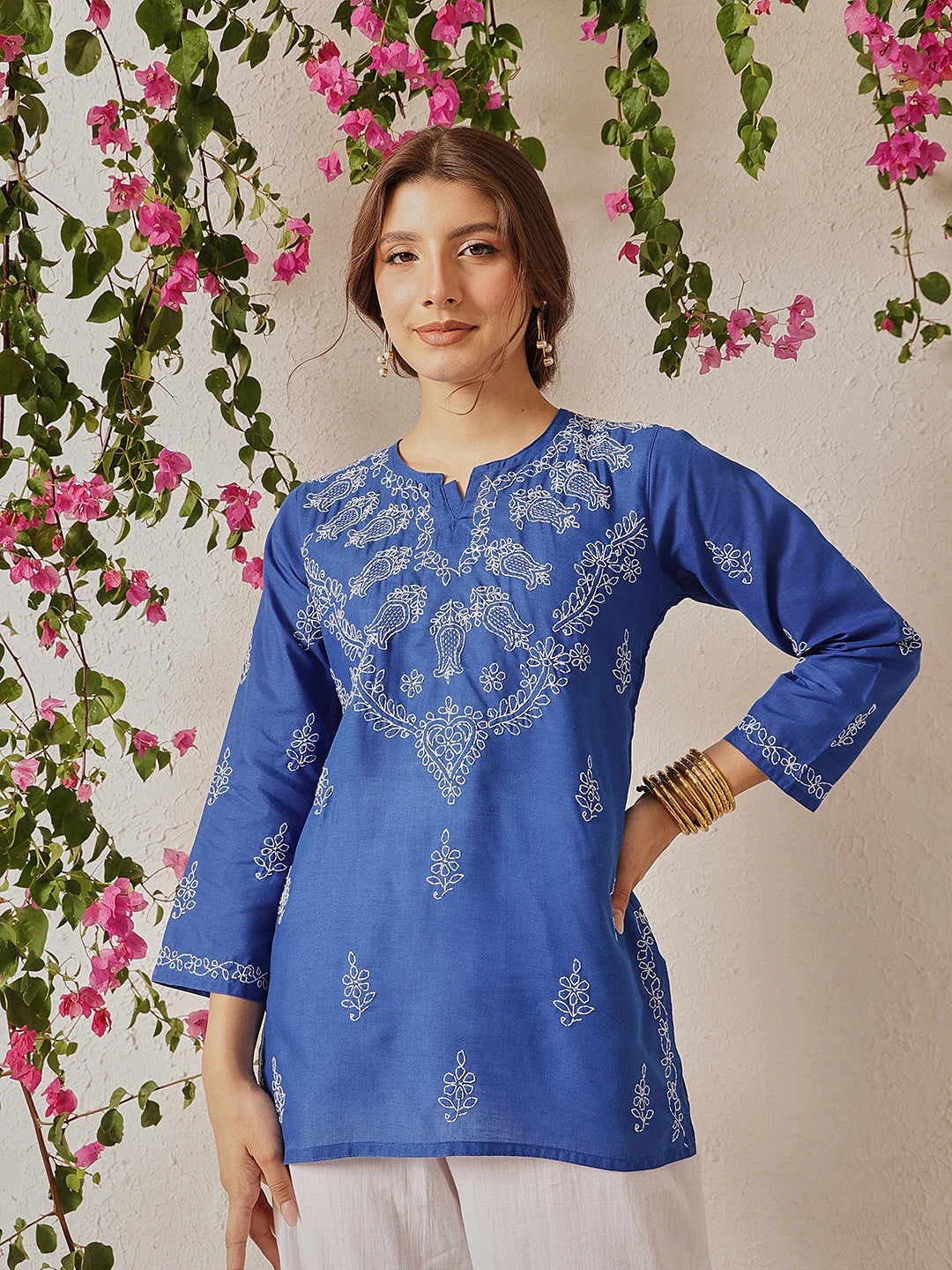 Ada Hand Embroidered Dark Royal Blue Cotton Lucknowi Chikankari Short Kurti A911489