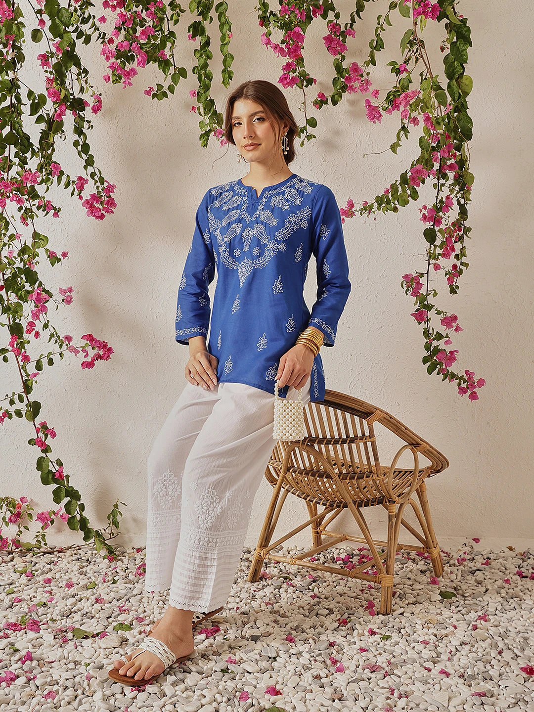 Ada Hand Embroidered Dark Royal Blue Cotton Lucknowi Chikankari Short Kurti A911489