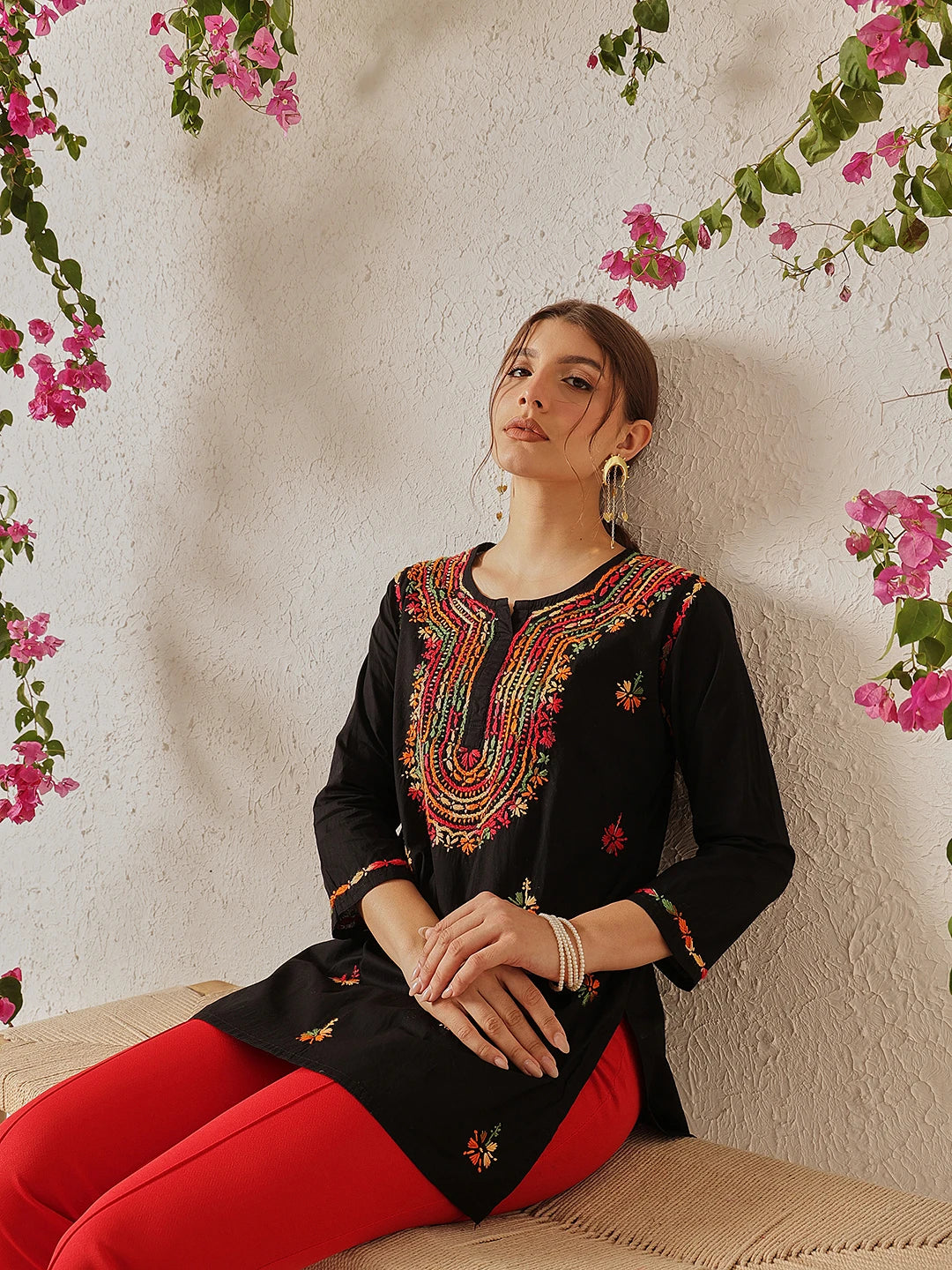 Ada Hand Embroidered Black Cotton Lucknowi Chikankari Short Kurti A911490