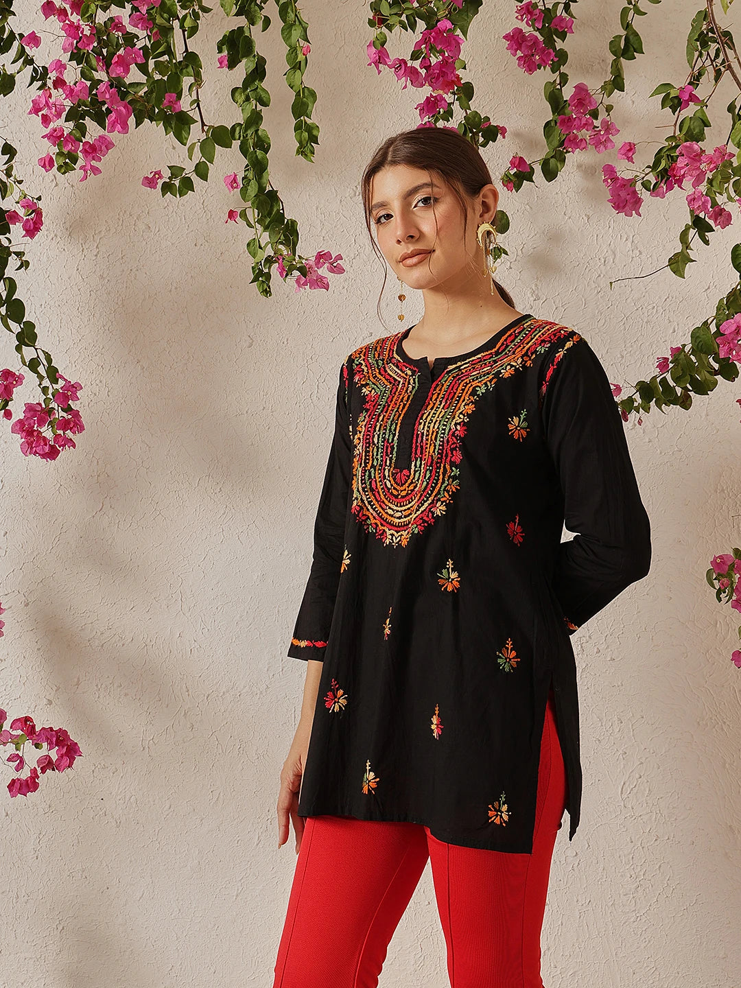 Ada Hand Embroidered Black Cotton Lucknowi Chikankari Short Kurti A911490