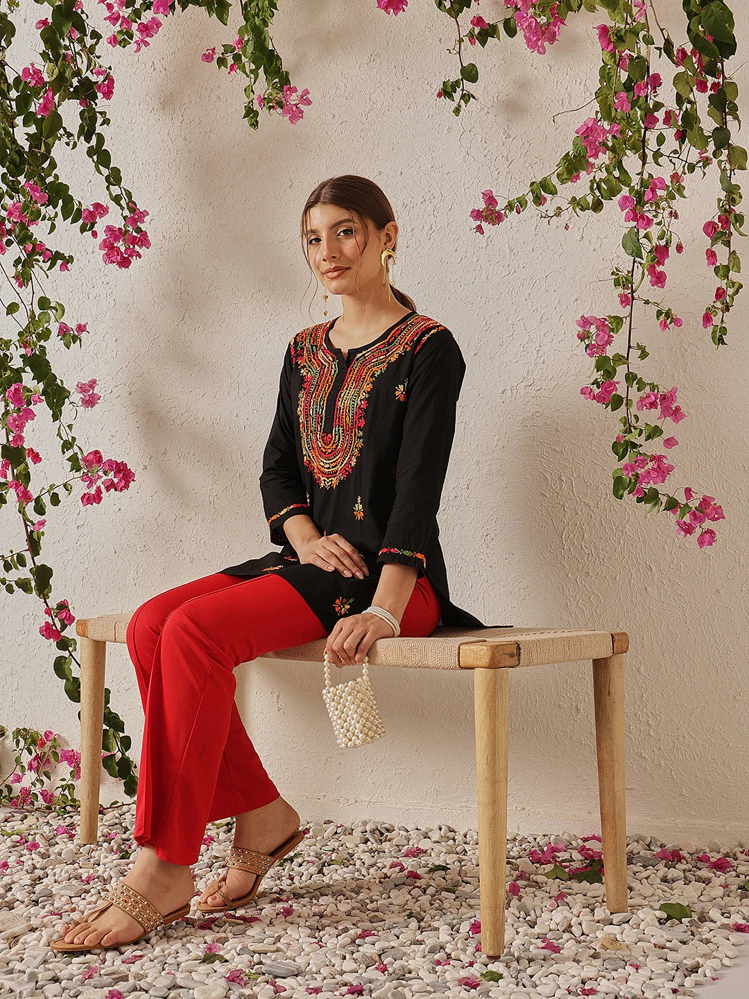 Ada Hand Embroidered Black Cotton Lucknowi Chikankari Short Kurti A911490
