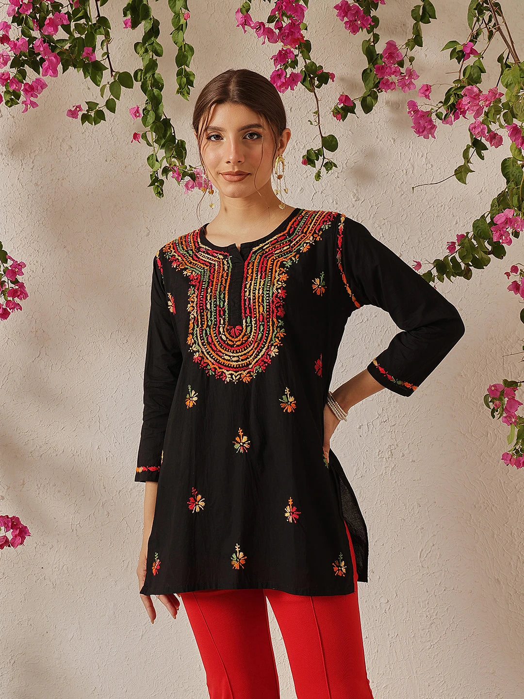 Ada Hand Embroidered Black Cotton Lucknowi Chikankari Short Kurti A911490