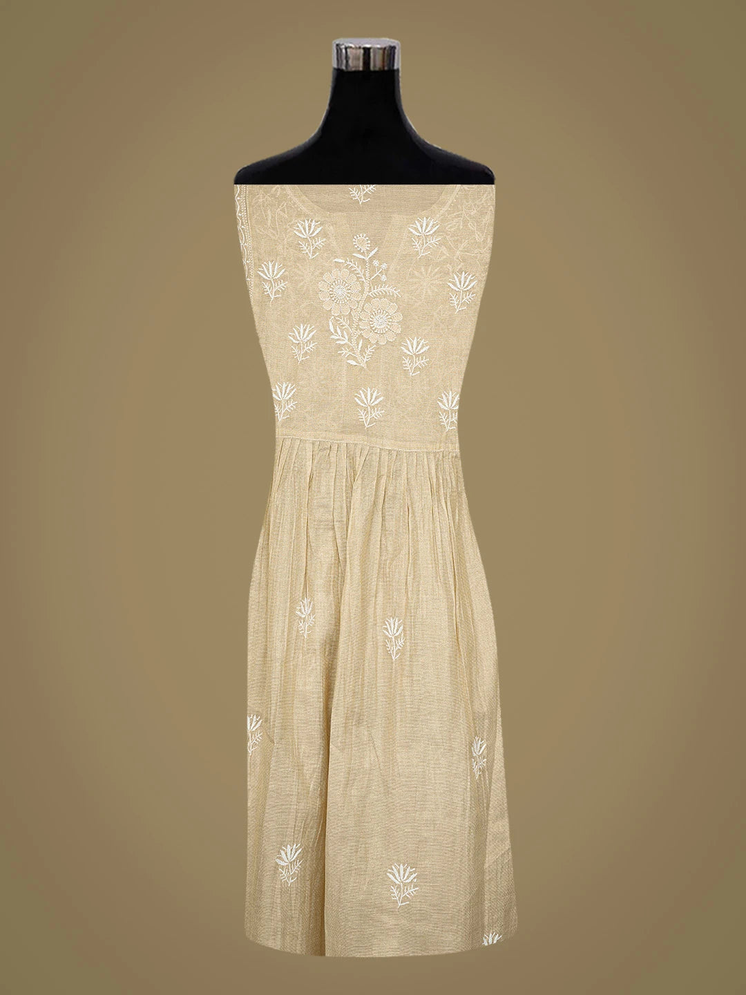 Ada Hand Embroidered Fawn Tissue Lucknowi Chikankari Semi-Stitched Kurta Dupatta Set 01A789125
