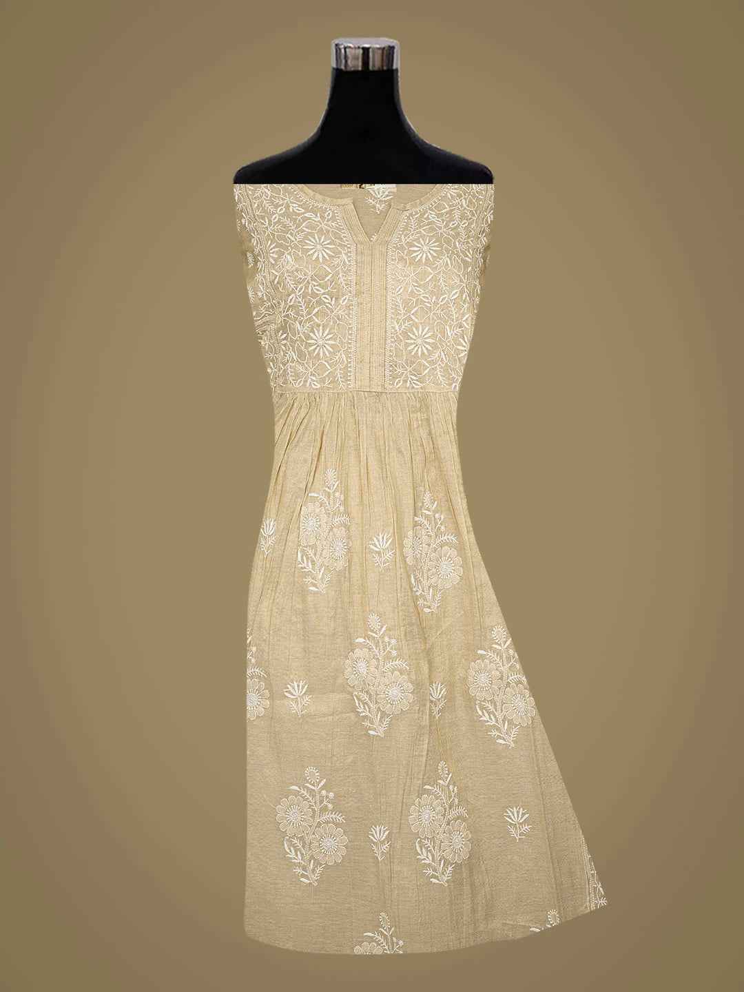 Ada Hand Embroidered Fawn Tissue Lucknowi Chikankari Semi-Stitched Kurta Dupatta Set 01A789125