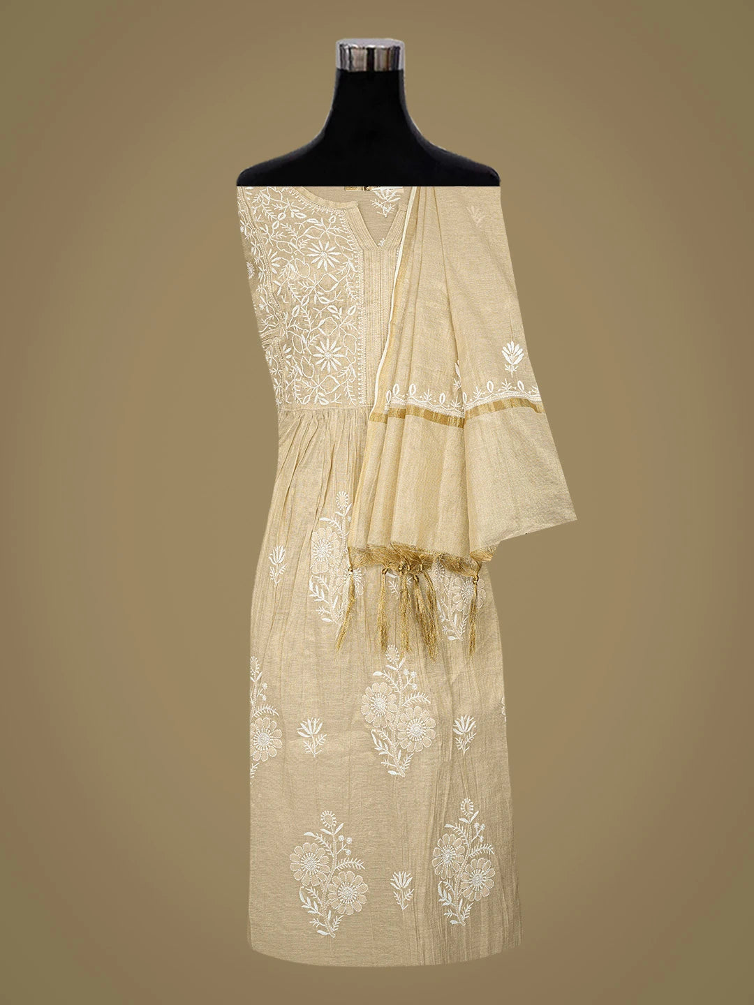 Ada Hand Embroidered Fawn Tissue Lucknowi Chikankari Semi-Stitched Kurta Dupatta Set 01A789125