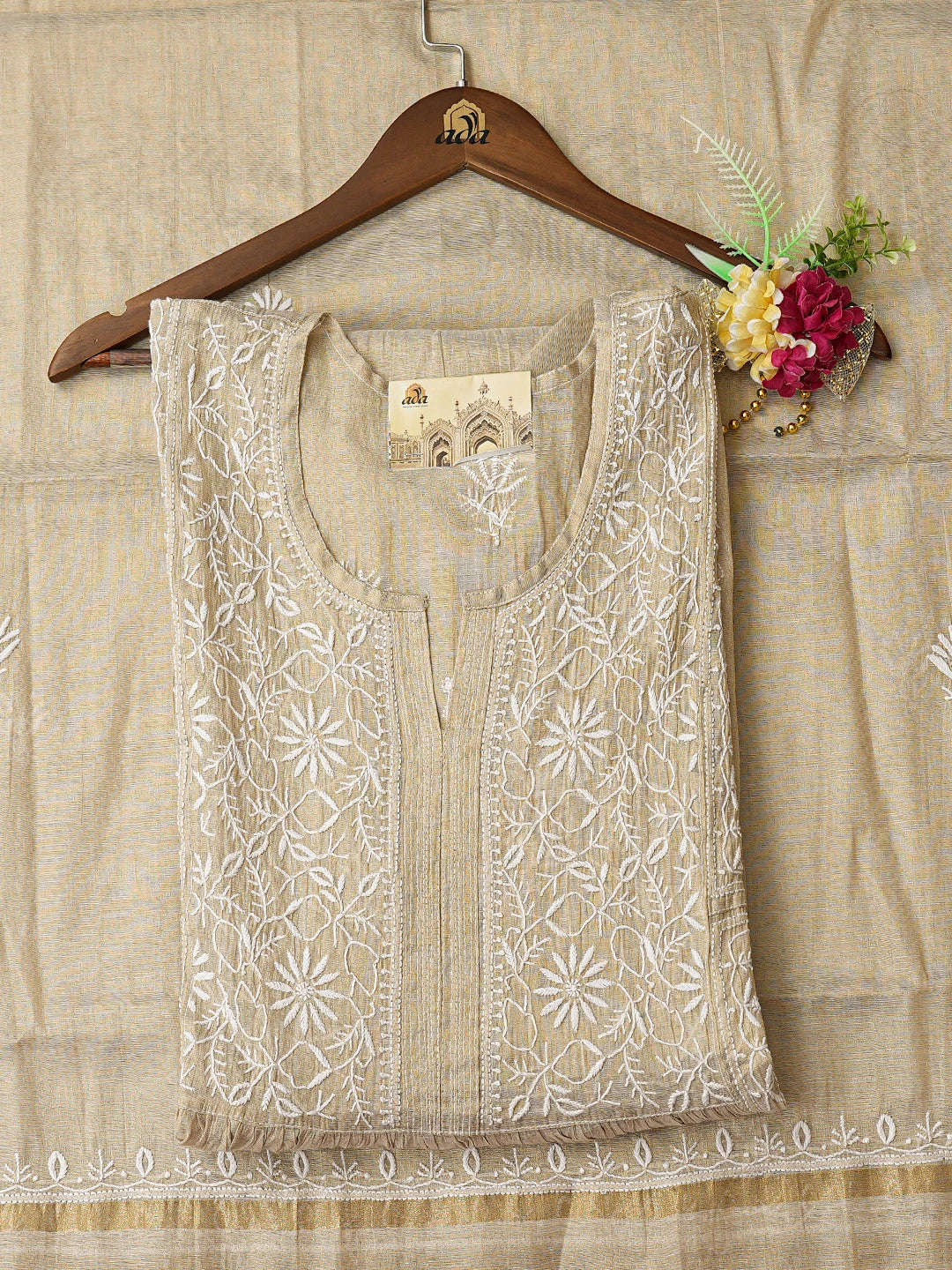 Ada Hand Embroidered Fawn Tissue Lucknowi Chikankari Semi-Stitched Kurta Dupatta Set 01A789125