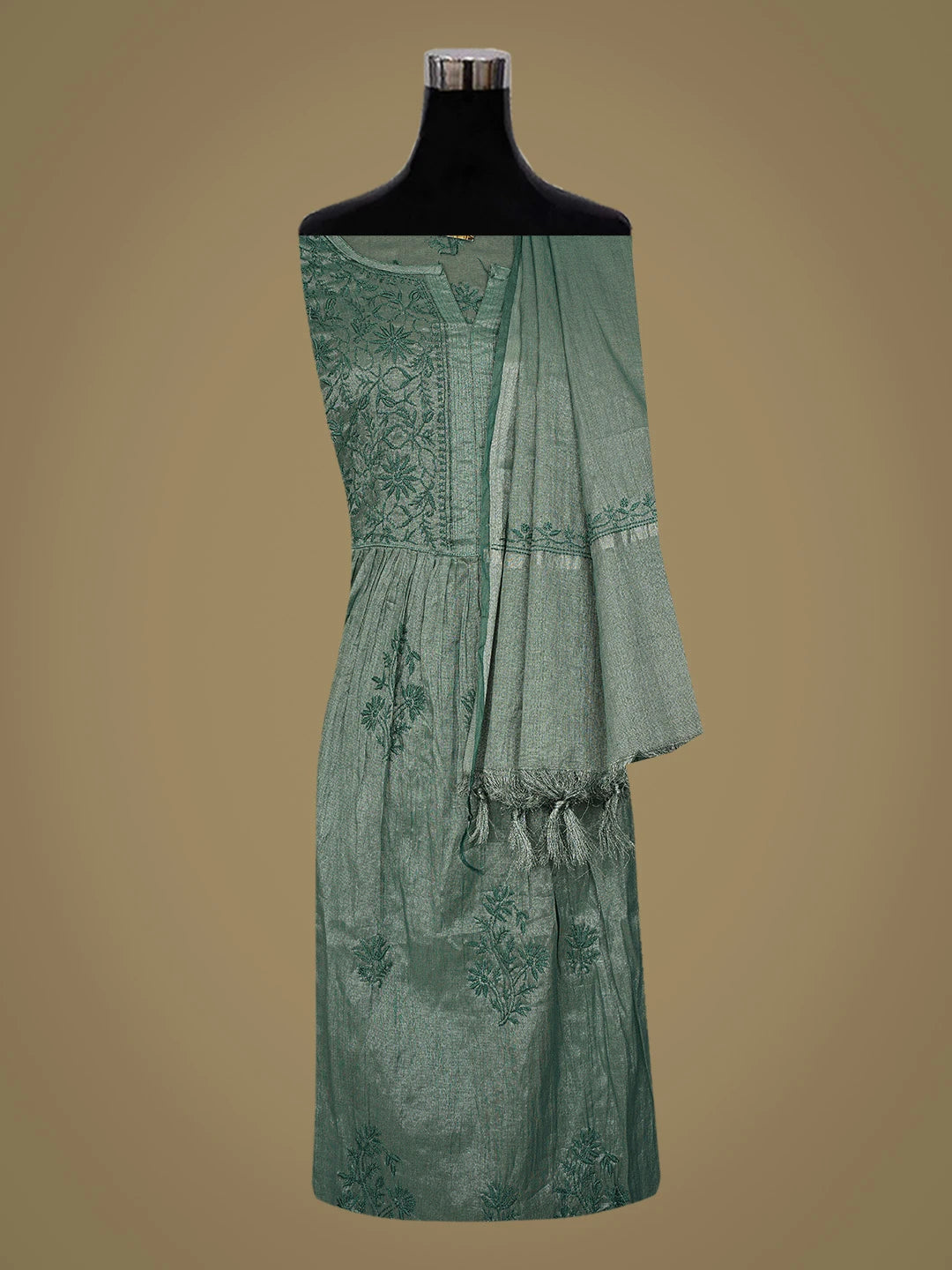 Ada Hand Embroidered Teal Green Tissue Lucknowi Chikankari Semi-Stitched Kurta Dupatta Set 01A793980