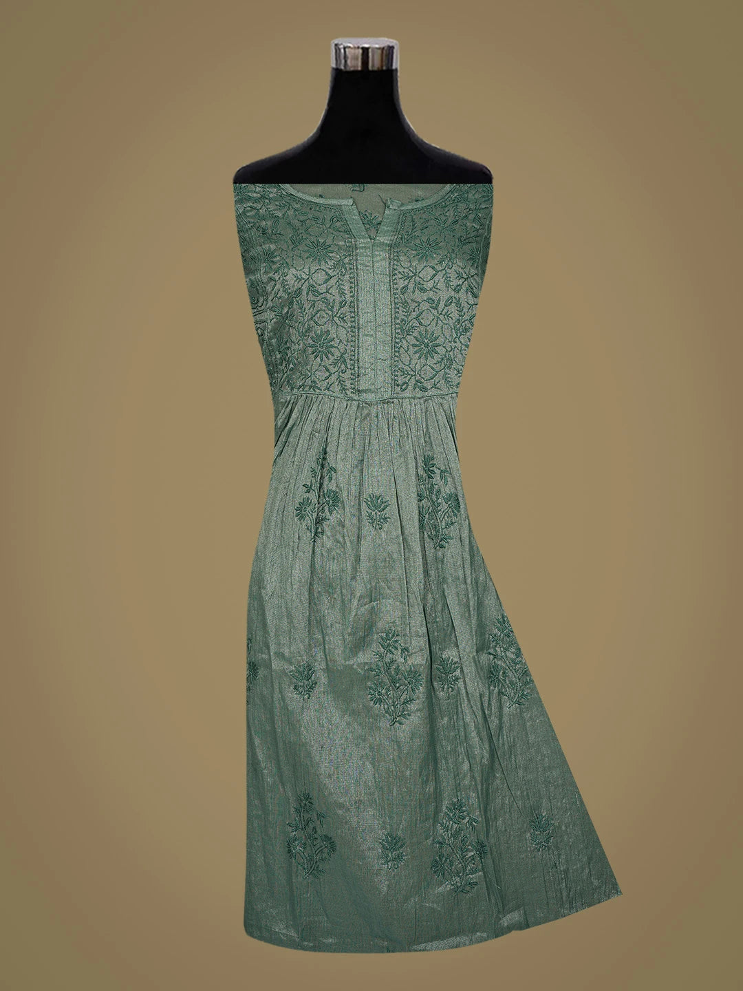 Ada Hand Embroidered Teal Green Tissue Lucknowi Chikankari Semi-Stitched Kurta Dupatta Set 01A793980