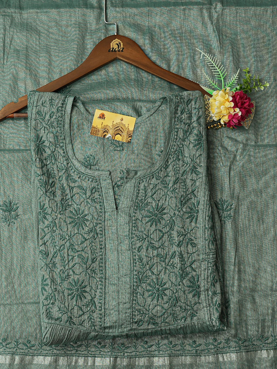 Ada Hand Embroidered Teal Green Tissue Lucknowi Chikankari Semi-Stitched Kurta Dupatta Set 01A793980