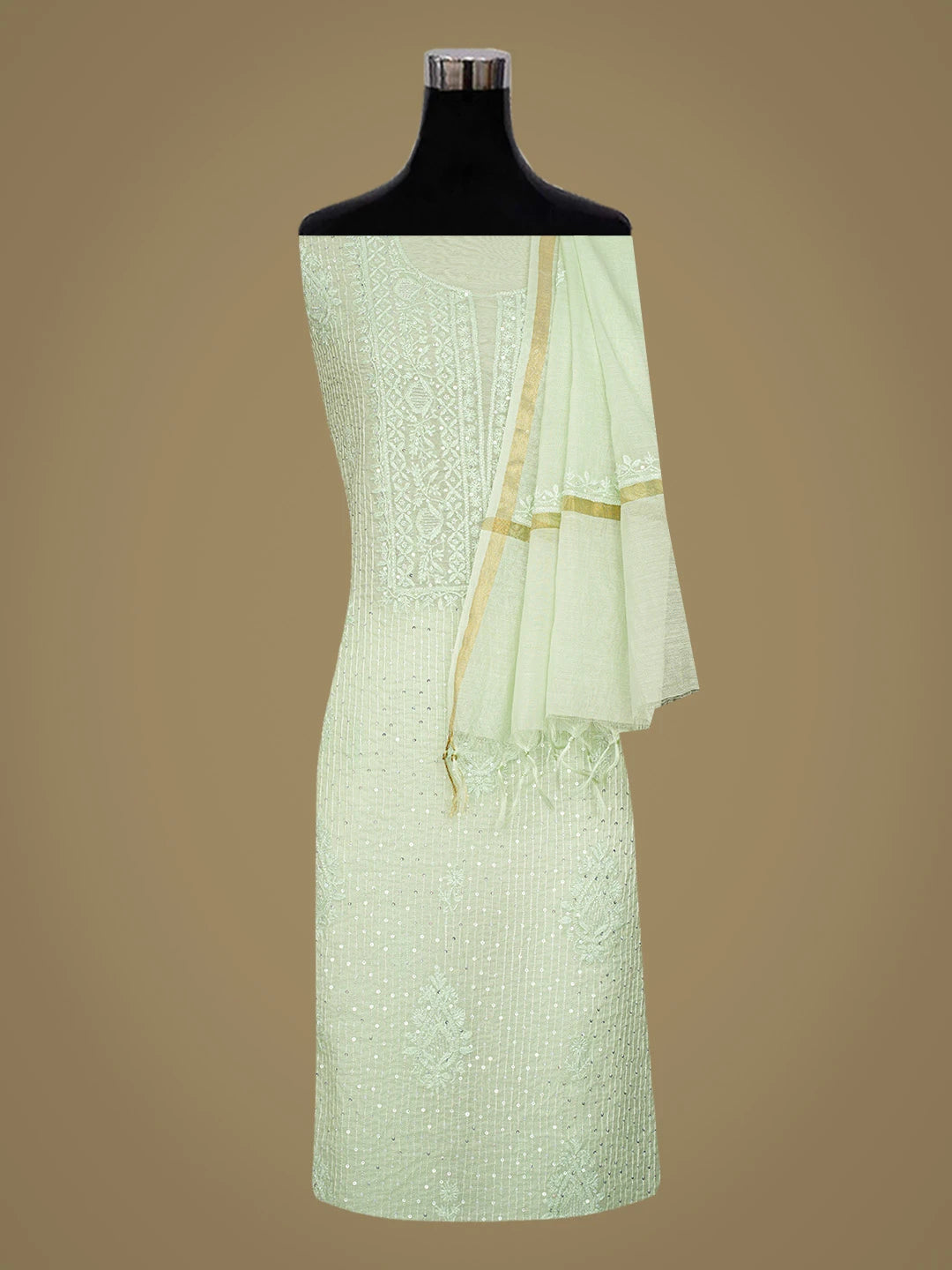 Ada Hand Embroidered Light Green Chanderi Lucknowi Chikankari Unstitched Kurta Dupatta Set With Cutdana Work 01A813803
