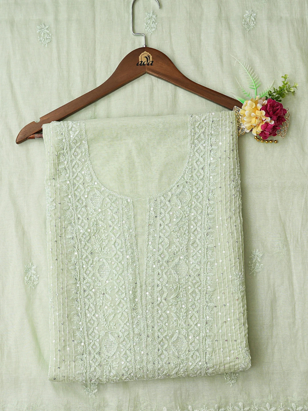 Ada Hand Embroidered Light Green Chanderi Lucknowi Chikankari Unstitched Kurta Dupatta Set With Cutdana Work 01A813803