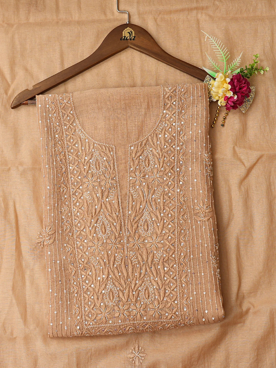 Ada Hand Embroidered Brown Sugar Chanderi Lucknowi Chikankari Unstitched Kurta Dupatta Set With Cutdana Work 01A813808