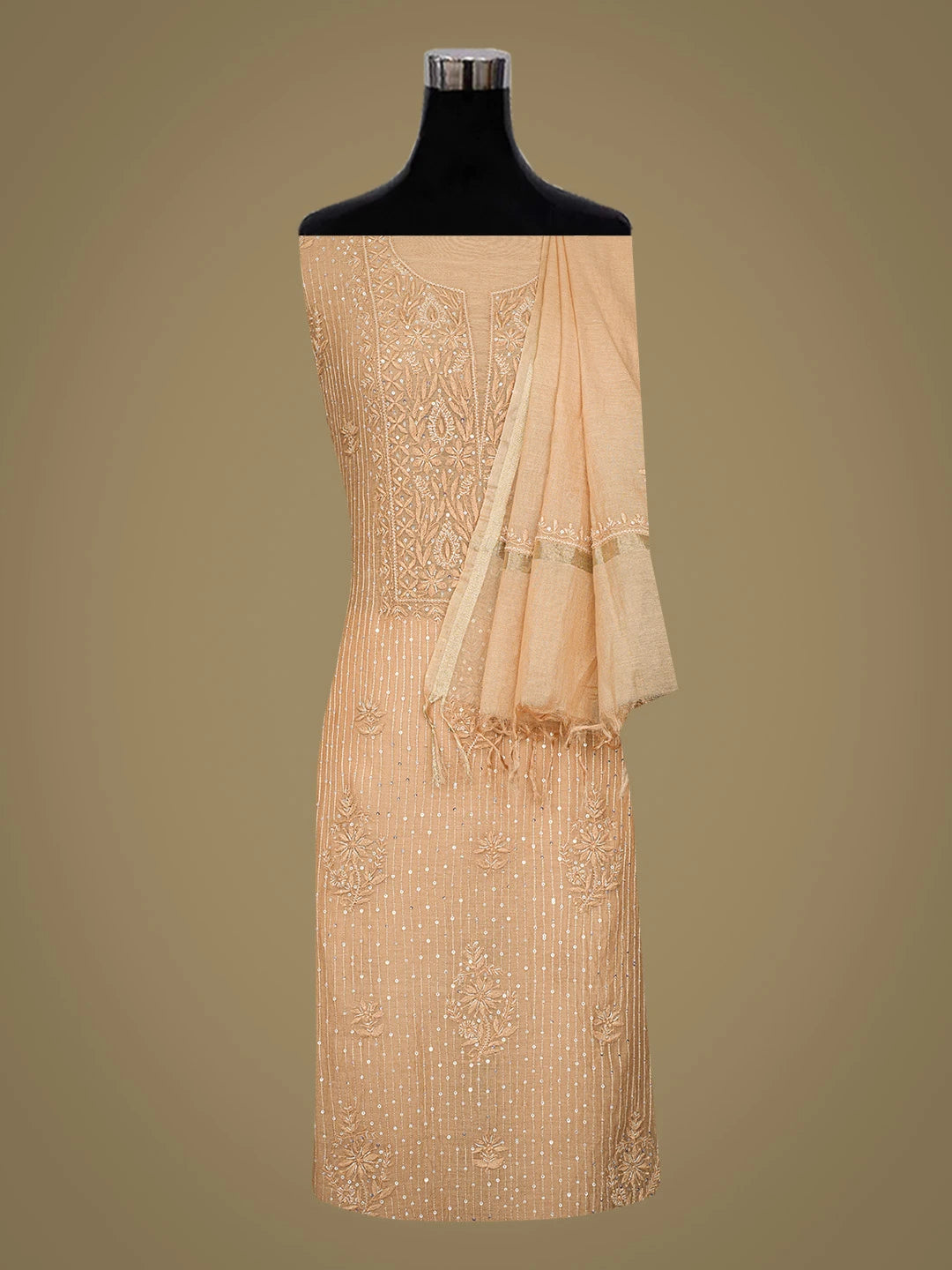 Ada Hand Embroidered Brown Sugar Chanderi Lucknowi Chikankari Unstitched Kurta Dupatta Set With Cutdana Work 01A813808