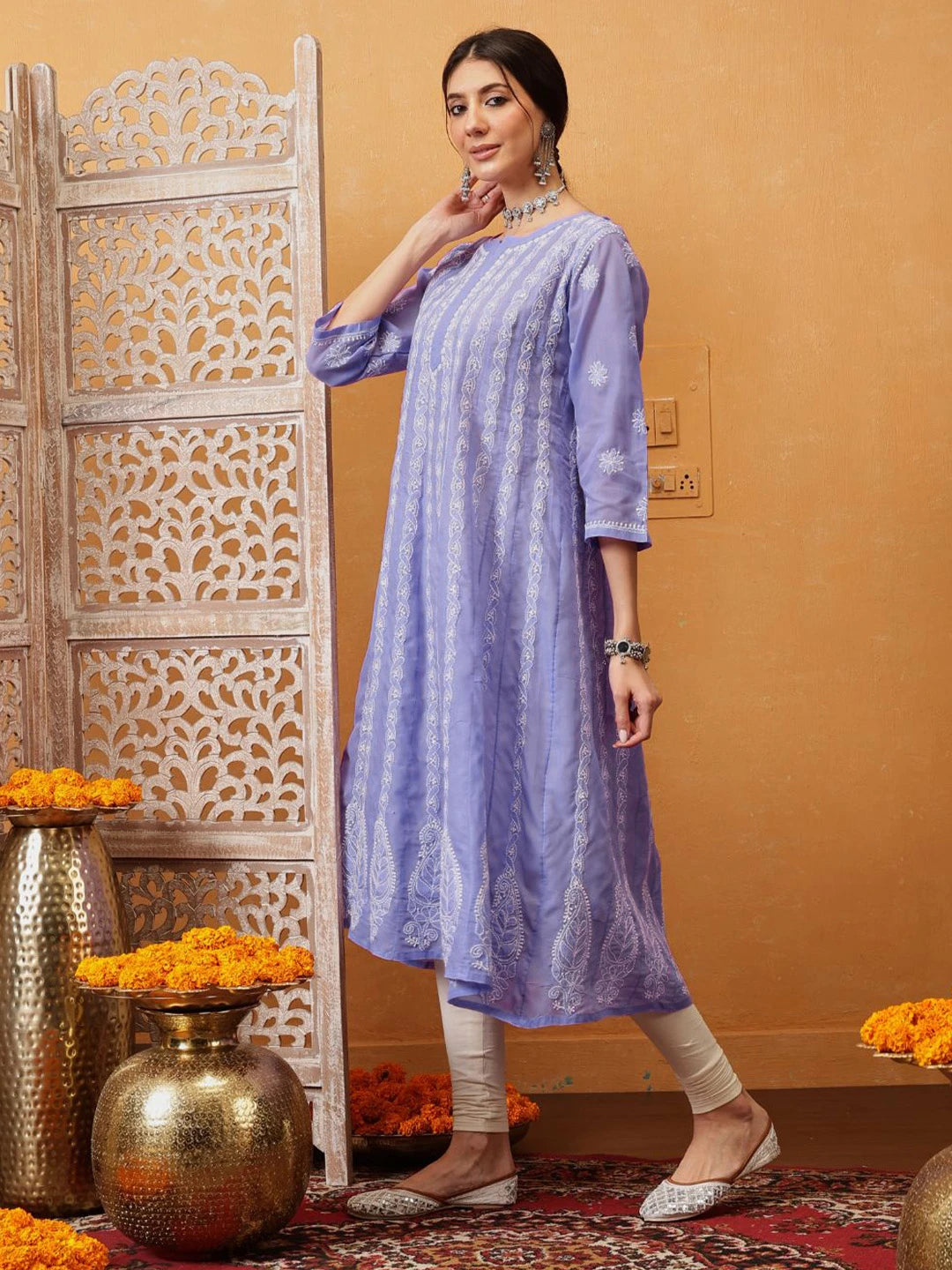 Ada Hand Embroidered Mauve Cotton Lucknowi Chikankari Anarkali A-line Kurta A411753