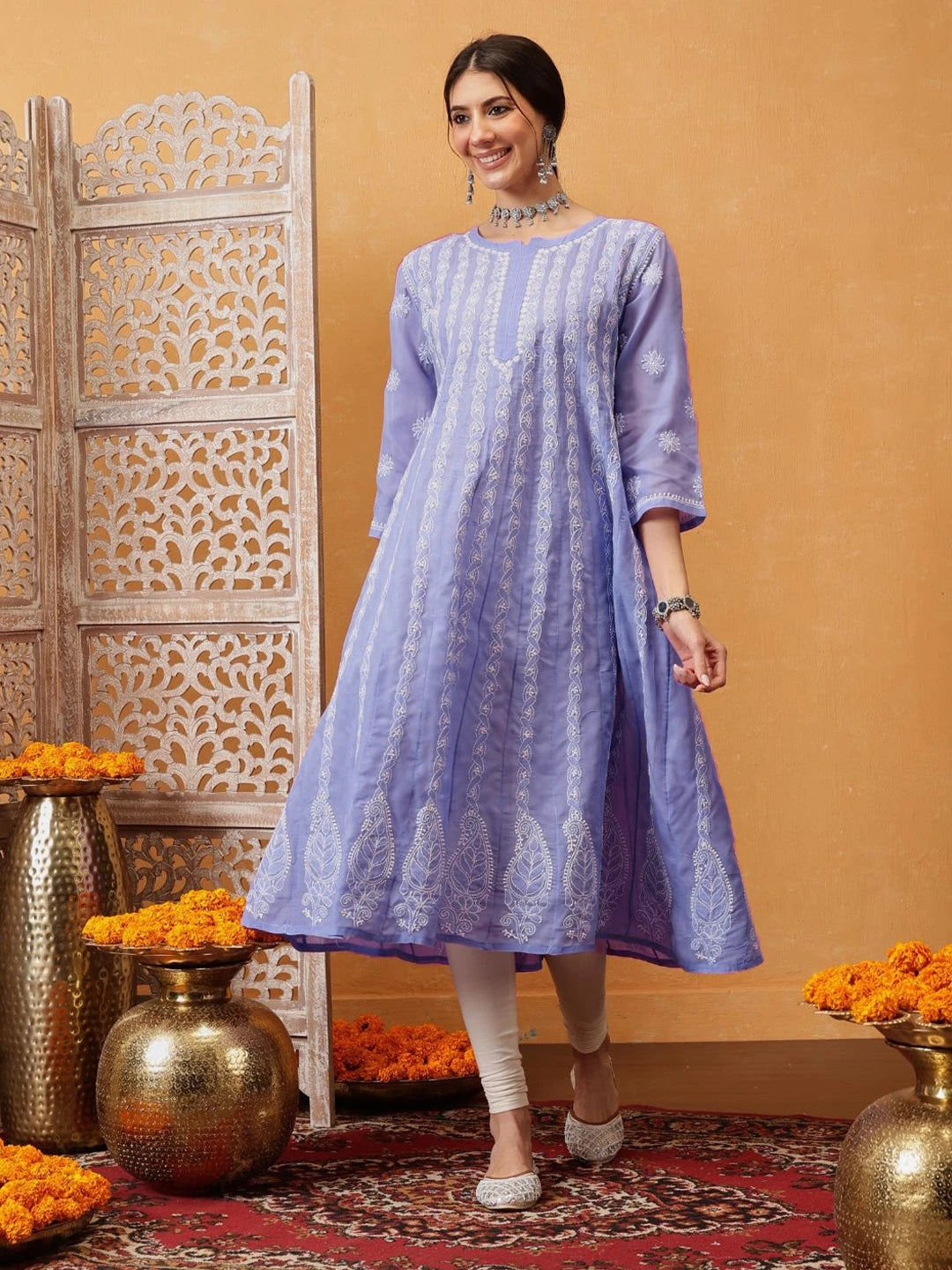Ada Hand Embroidered Mauve Cotton Lucknowi Chikankari Anarkali A-line Kurta A411753