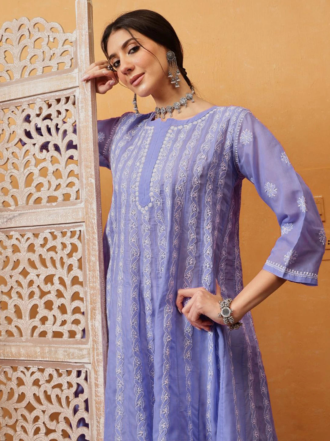 Ada Hand Embroidered Mauve Cotton Lucknowi Chikankari Anarkali A-line Kurta A411753