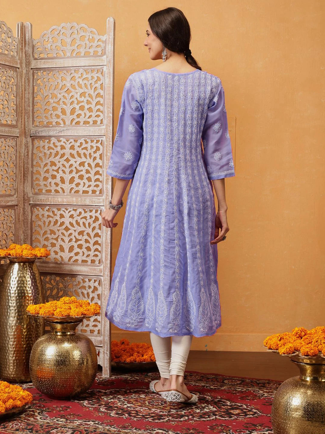 Ada Hand Embroidered Mauve Cotton Lucknowi Chikankari Anarkali A-line Kurta A411753