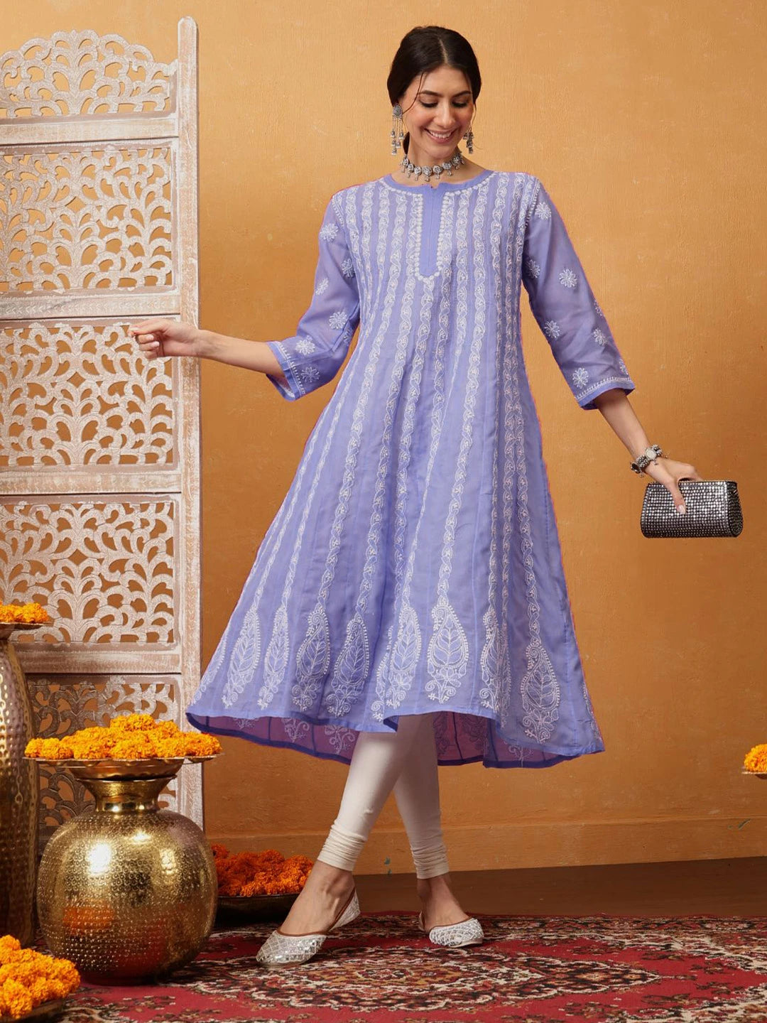 Ada Hand Embroidered Mauve Cotton Lucknowi Chikankari Anarkali A-line Kurta A411753