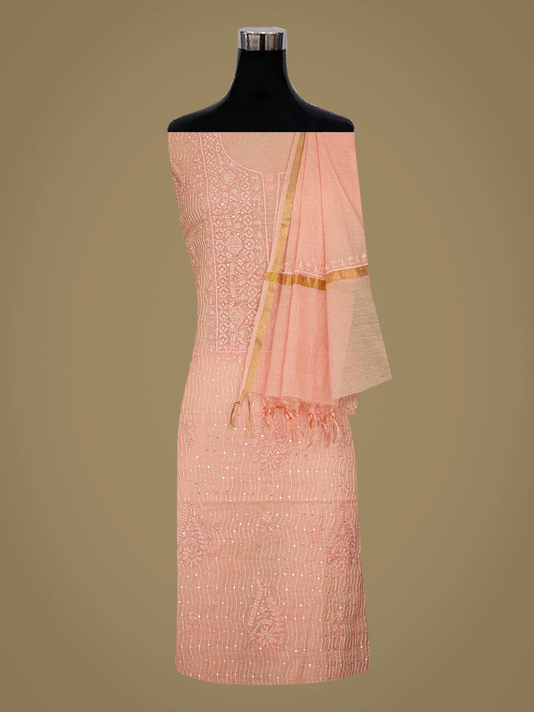 Ada Hand Embroidered Peach Chanderi Lucknowi Chikankari Unstitched Kurta Dupatta Set With Cutdana Work 01A813812