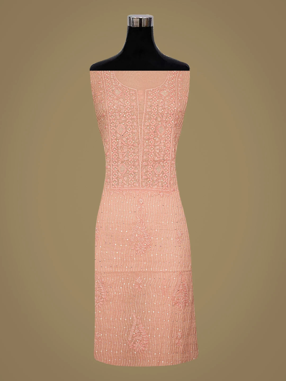 Ada Hand Embroidered Peach Chanderi Lucknowi Chikankari Unstitched Kurta Dupatta Set With Cutdana Work 01A813812