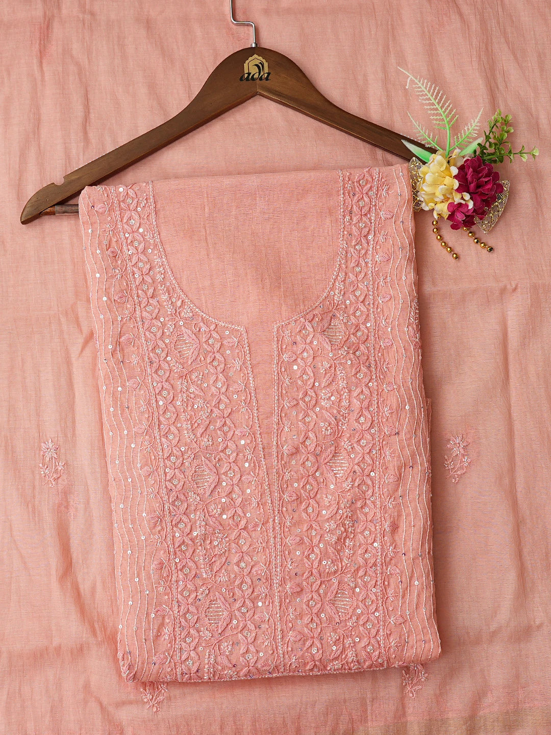 Ada Hand Embroidered Peach Chanderi Lucknowi Chikankari Unstitched Kurta Dupatta Set With Cutdana Work 01A813812