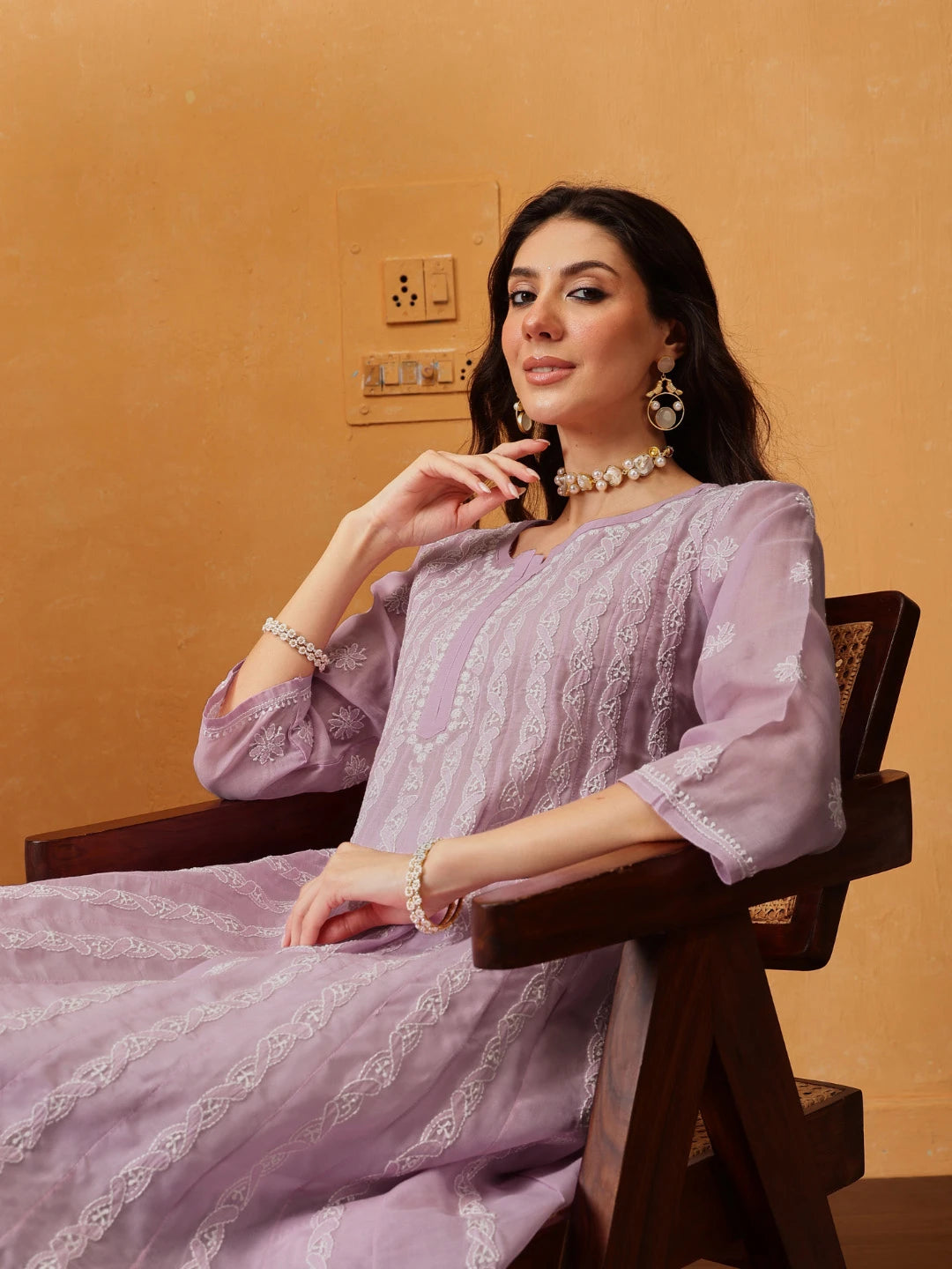 Ada Hand Embroidered Lilac Purple Cotton Lucknowi Chikankari Anarkali A-line Kurta A411744