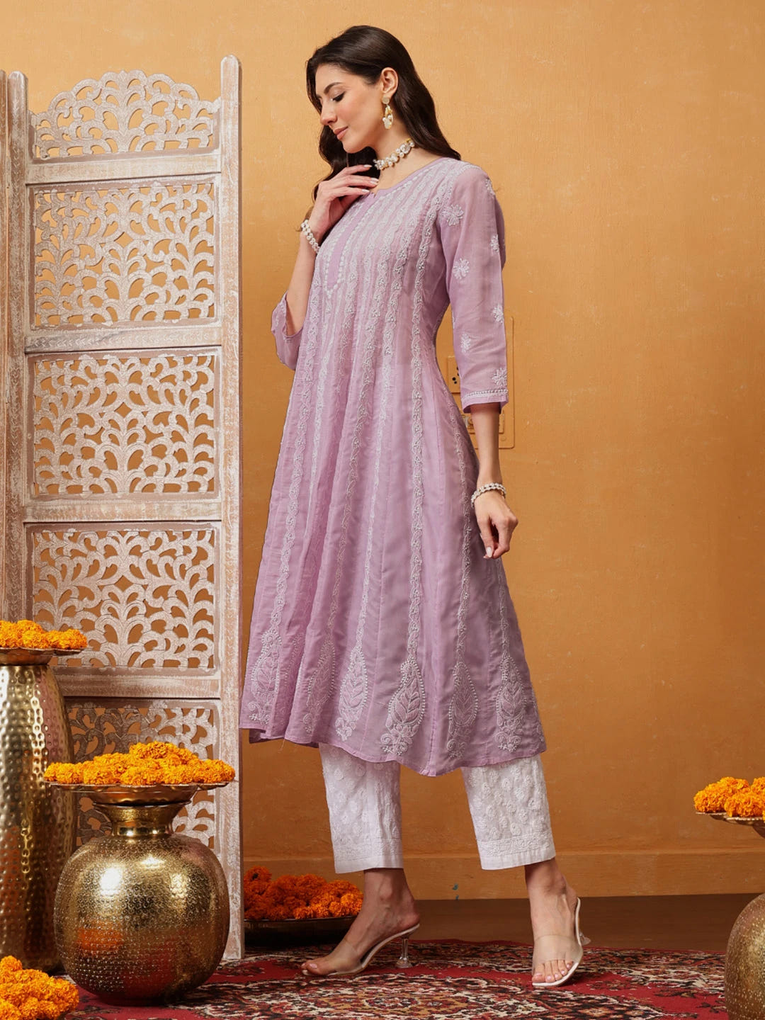 Ada Hand Embroidered Lilac Purple Cotton Lucknowi Chikankari Anarkali A-line Kurta A411744