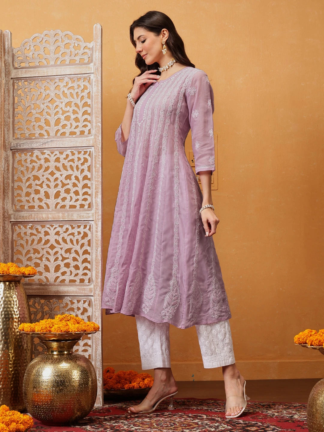 Ada Hand Embroidered Lilac Purple Cotton Lucknowi Chikankari Anarkali A-line Kurta A411744