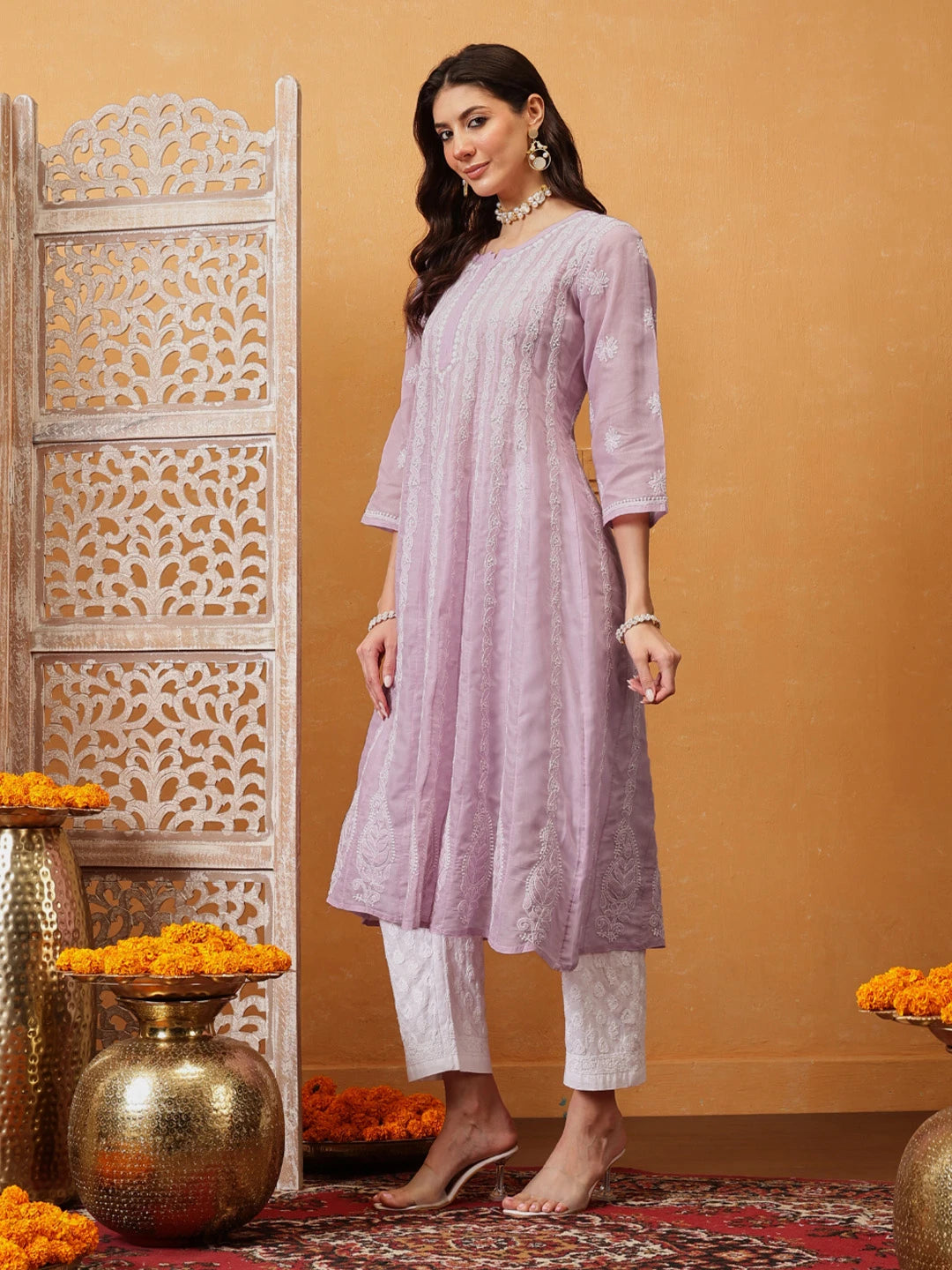 Ada Hand Embroidered Lilac Purple Cotton Lucknowi Chikankari Anarkali A-line Kurta A411744