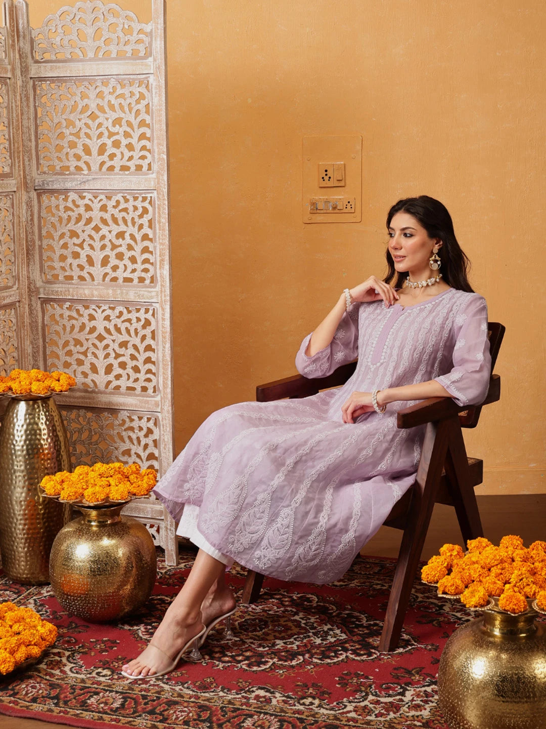 Ada Hand Embroidered Lilac Purple Cotton Lucknowi Chikankari Anarkali A-line Kurta A411744