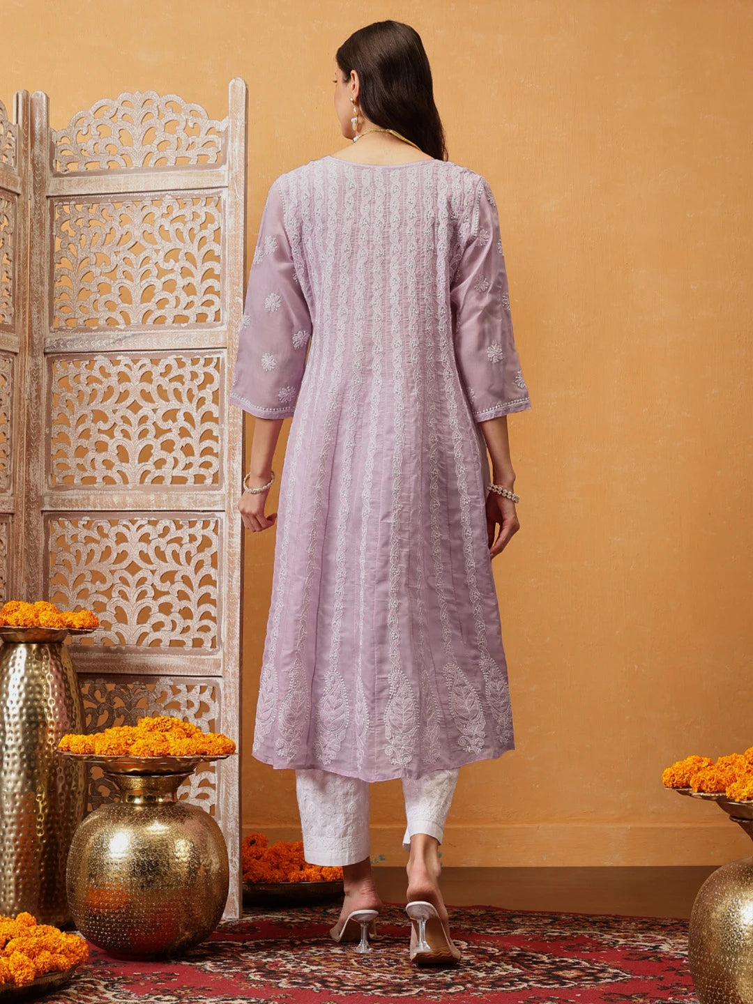Ada Hand Embroidered Lilac Purple Cotton Lucknowi Chikankari Anarkali A-line Kurta A411744