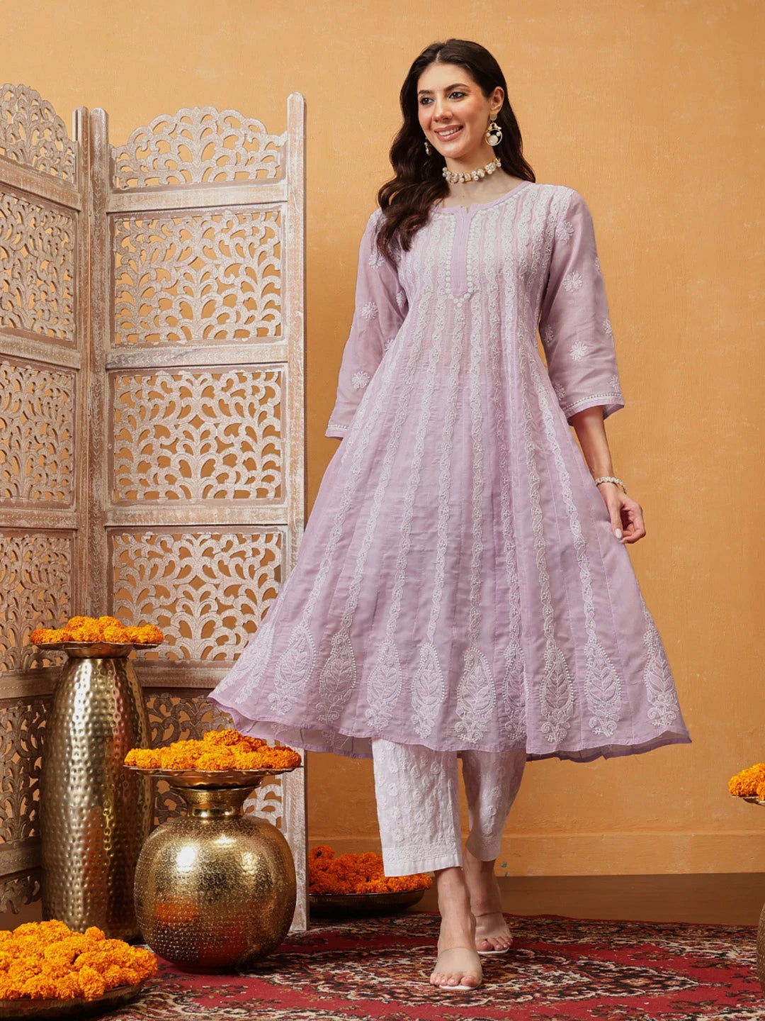 Ada Hand Embroidered Lilac Purple Cotton Lucknowi Chikankari Anarkali A-line Kurta A411744
