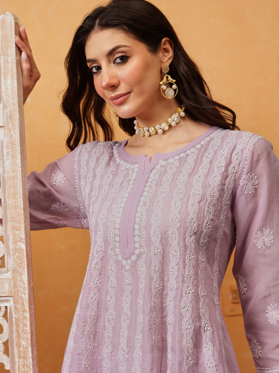 Ada Hand Embroidered Lilac Purple Cotton Lucknowi Chikankari Anarkali A-line Kurta A411744