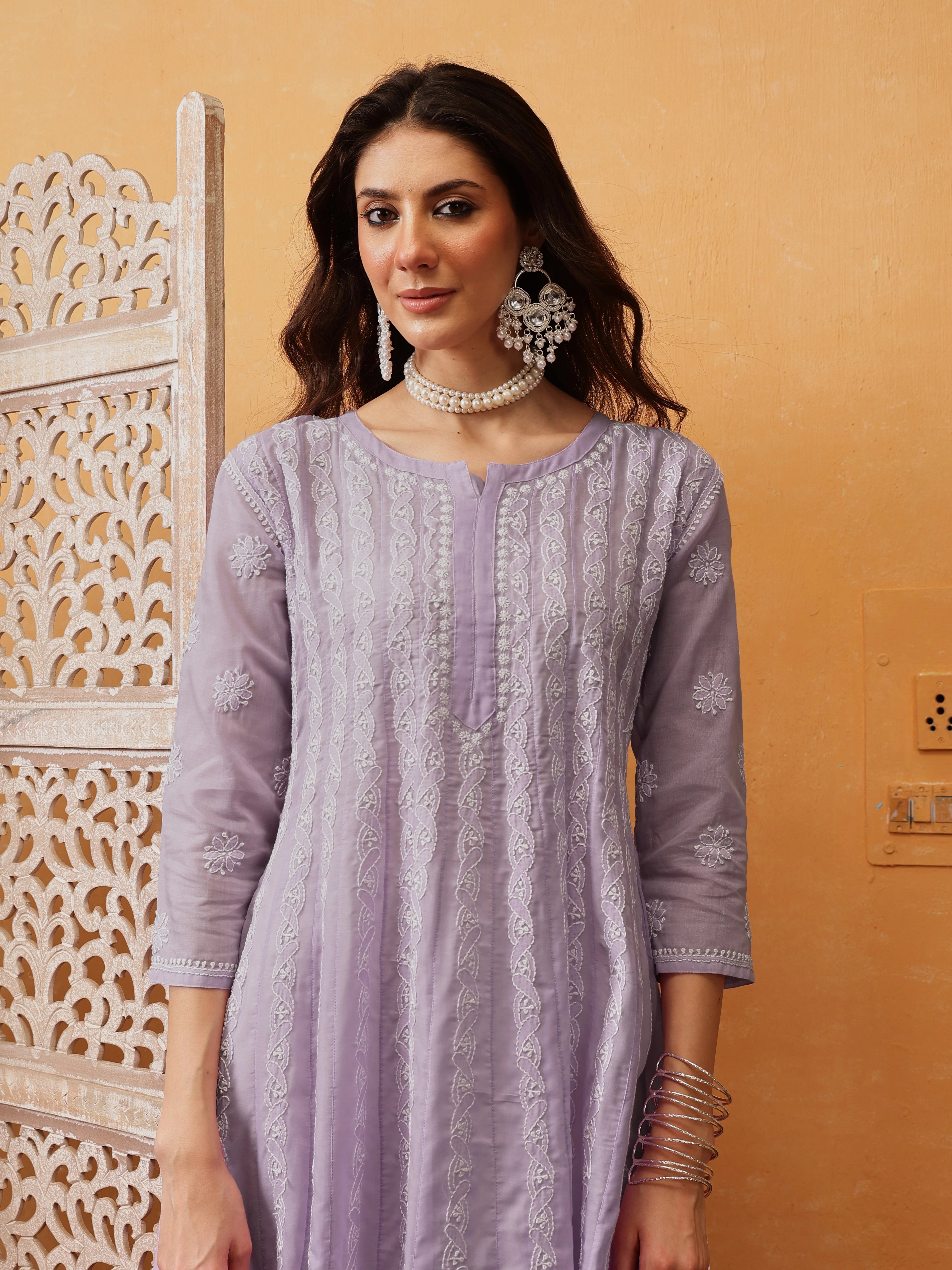 Ada Hand Embroidered Lavender Cotton Lucknowi Chikankari Anarkali A-line Kurta A411729