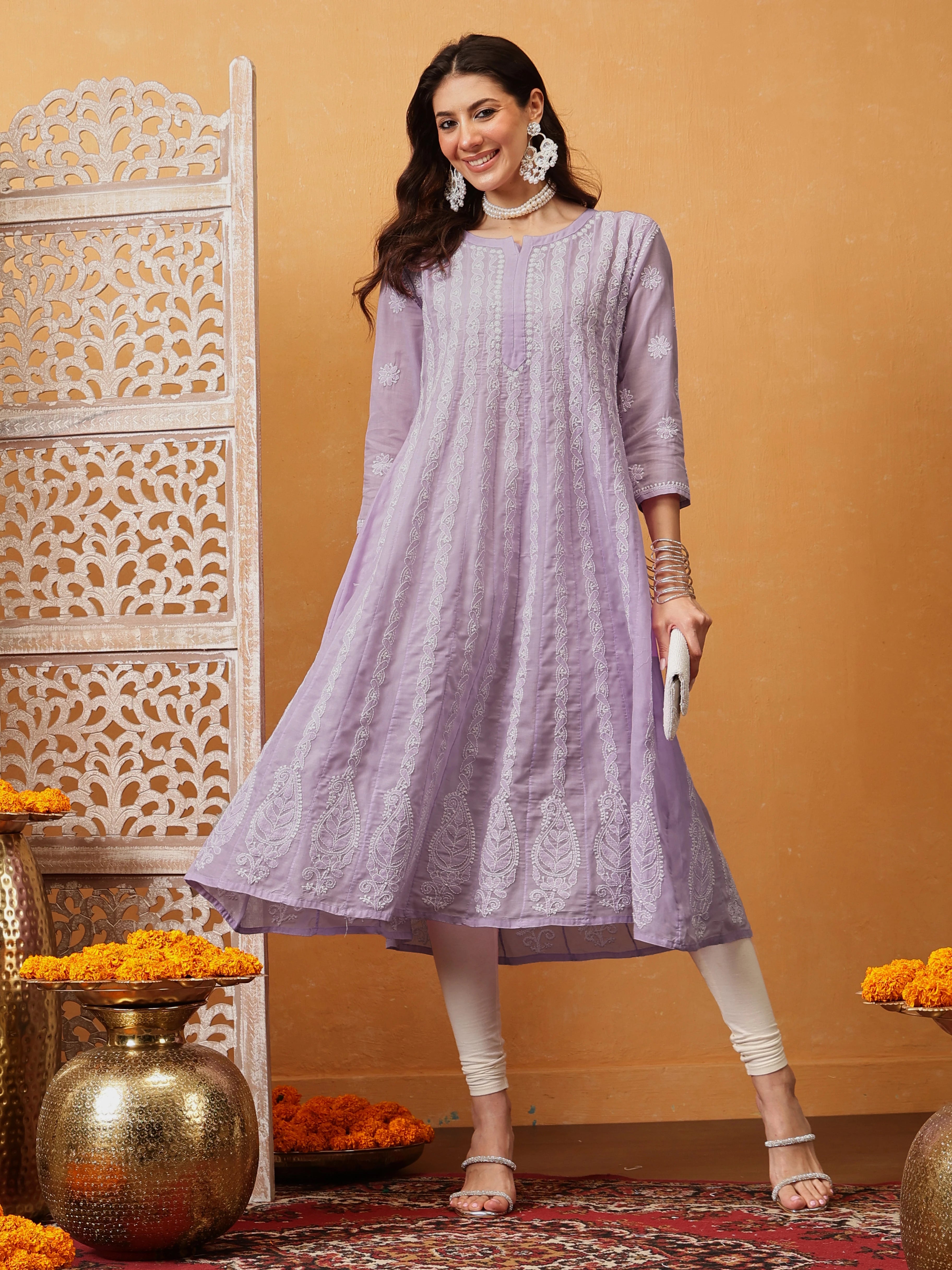 Ada Hand Embroidered Lavender Cotton Lucknowi Chikankari Anarkali A-line Kurta A411729