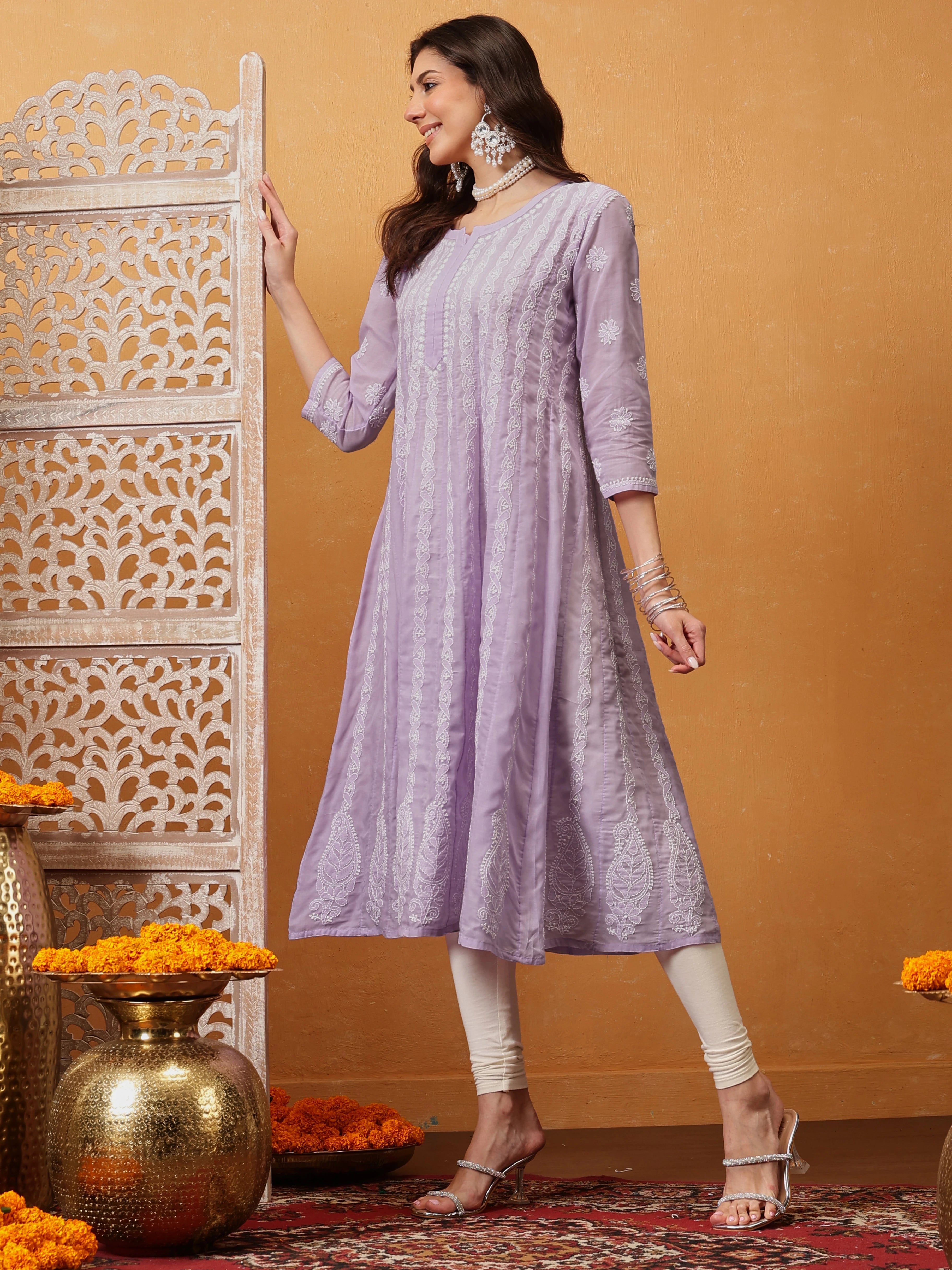 Ada Hand Embroidered Lavender Cotton Lucknowi Chikankari Anarkali A-line Kurta A411729